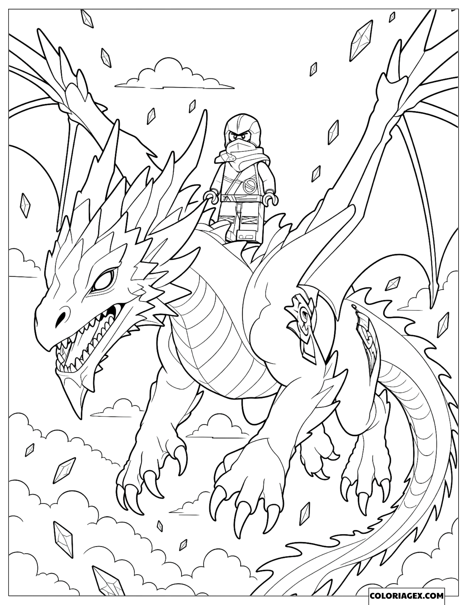 Dessin Zane chevauchant un dragon de glace volant dans le ciel
