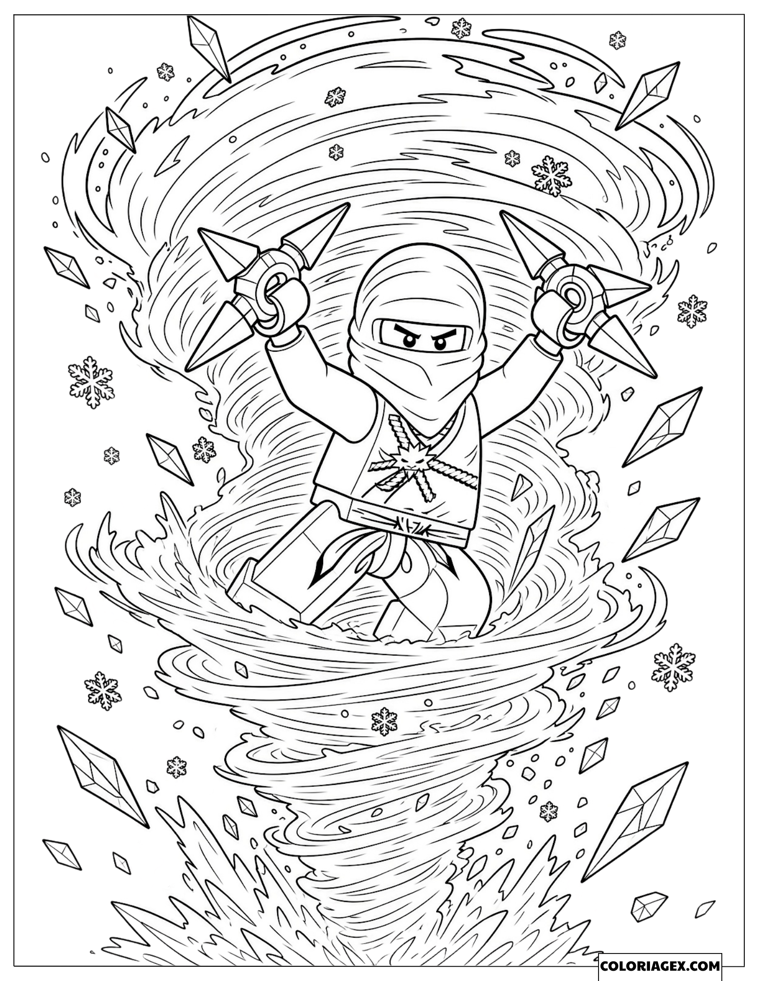 Dessin Zane tournoyant dans une tempête de glace et de cristaux