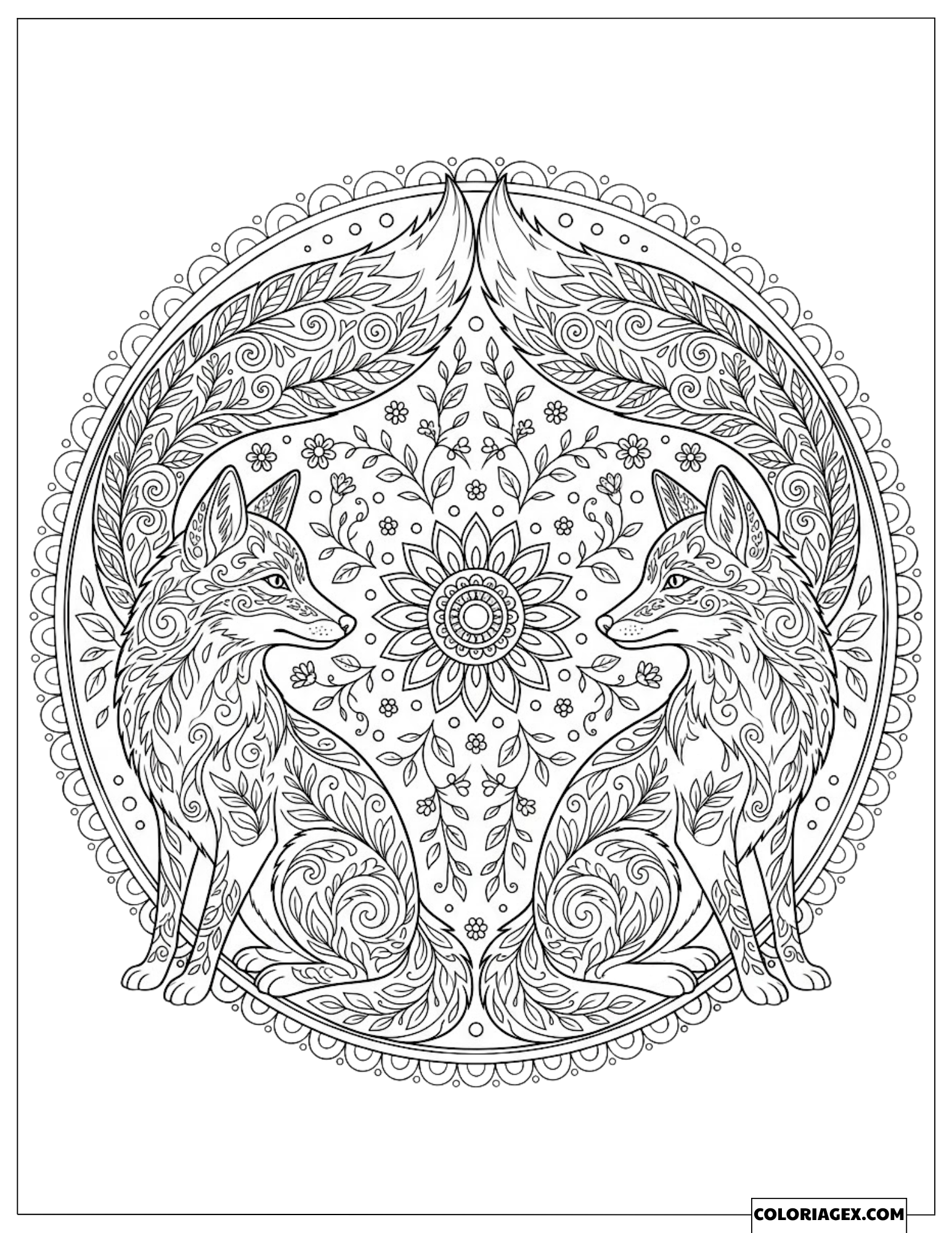 Dessin de Deux Renards Symétriques dans un Mandala Floral