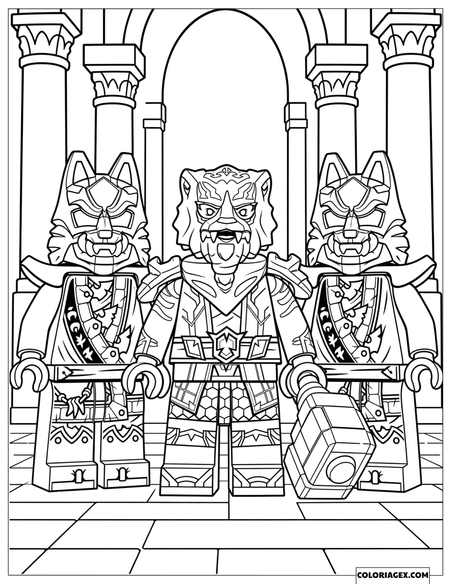 Dessin de Lord Ras et des guerriers du Wolf Clan se tenant ensemble dans un palais