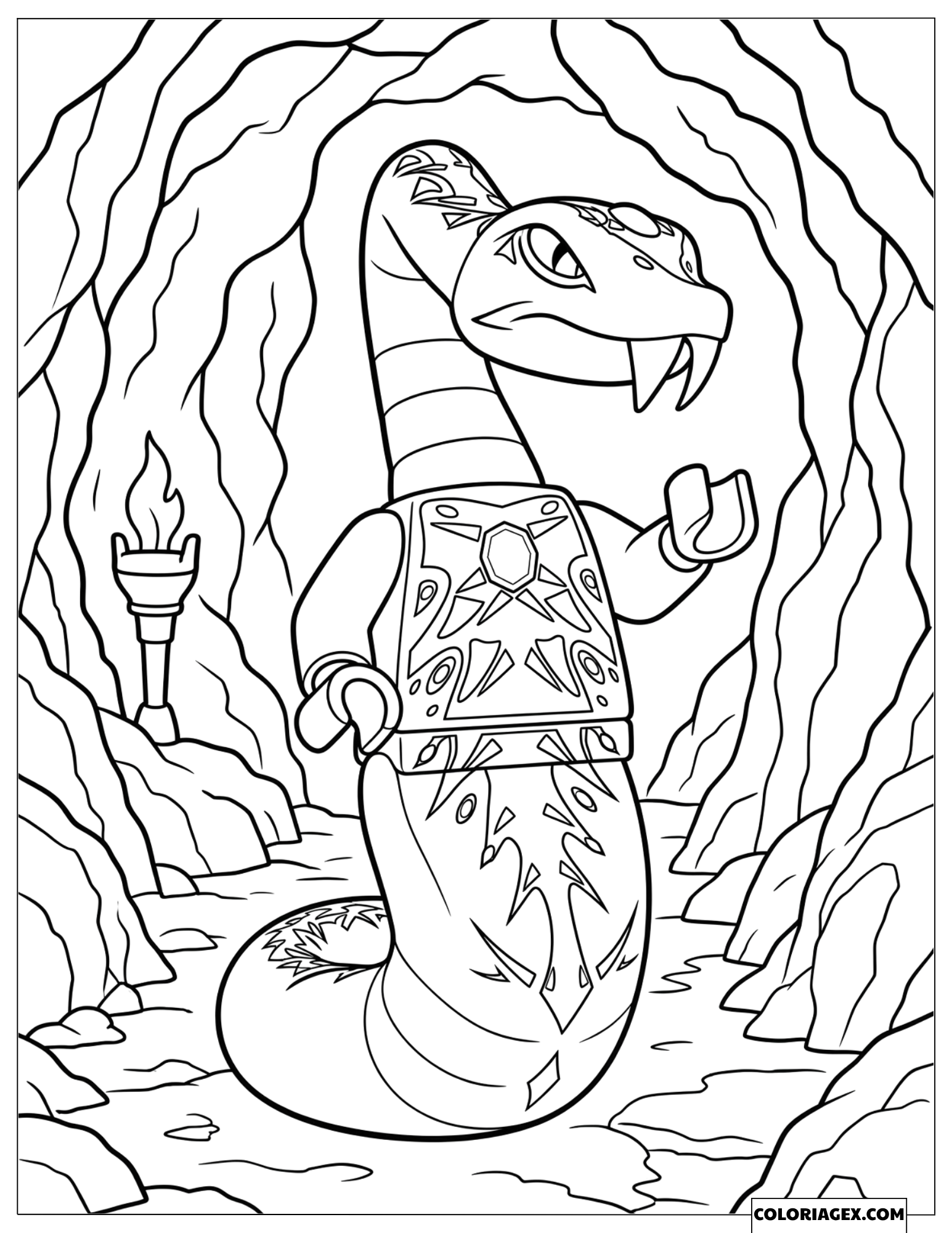 Dessin de Pythor debout dans une grotte sombre avec une torche