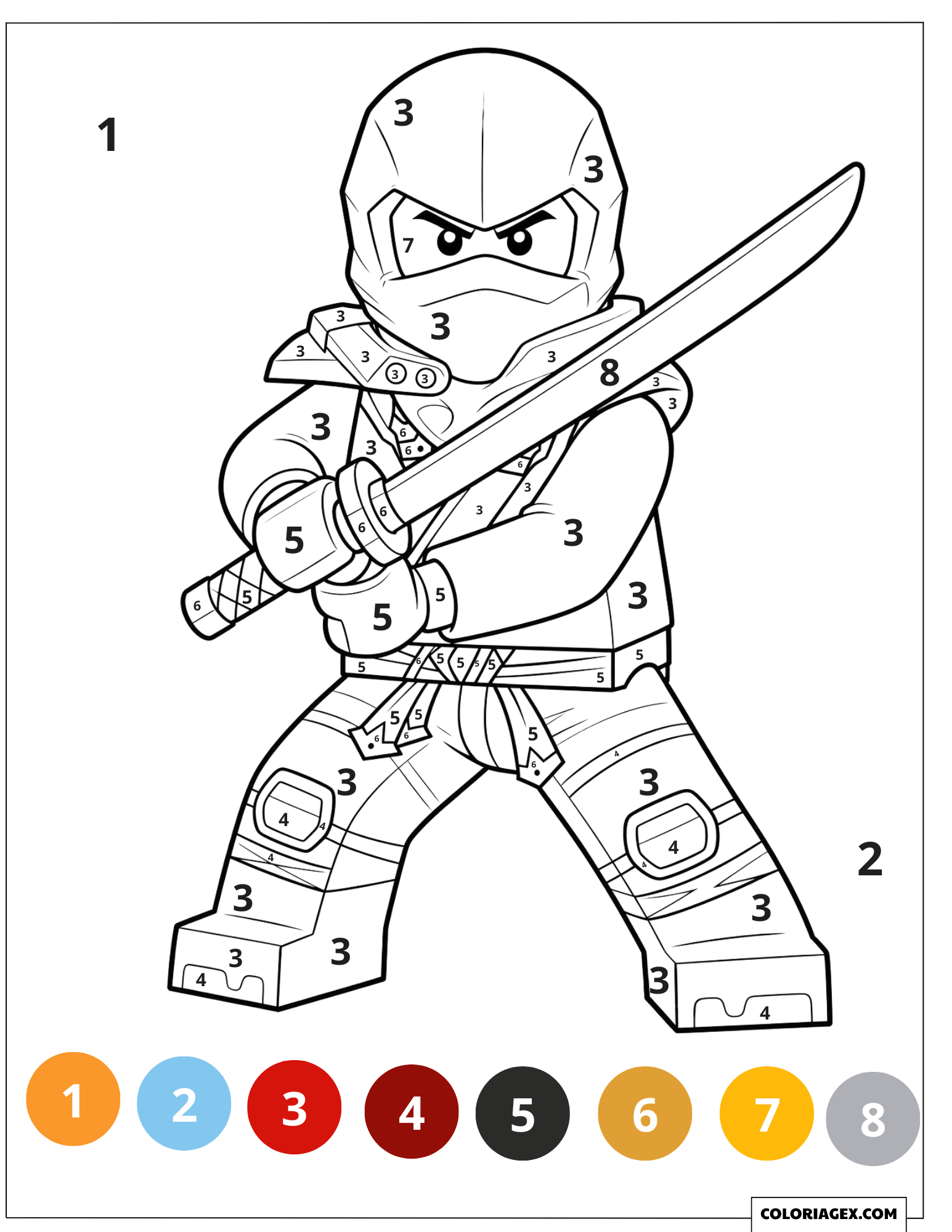 Dessin de coloriage du ninja Kai à colorier par numéros, tenant une épée en position de combat