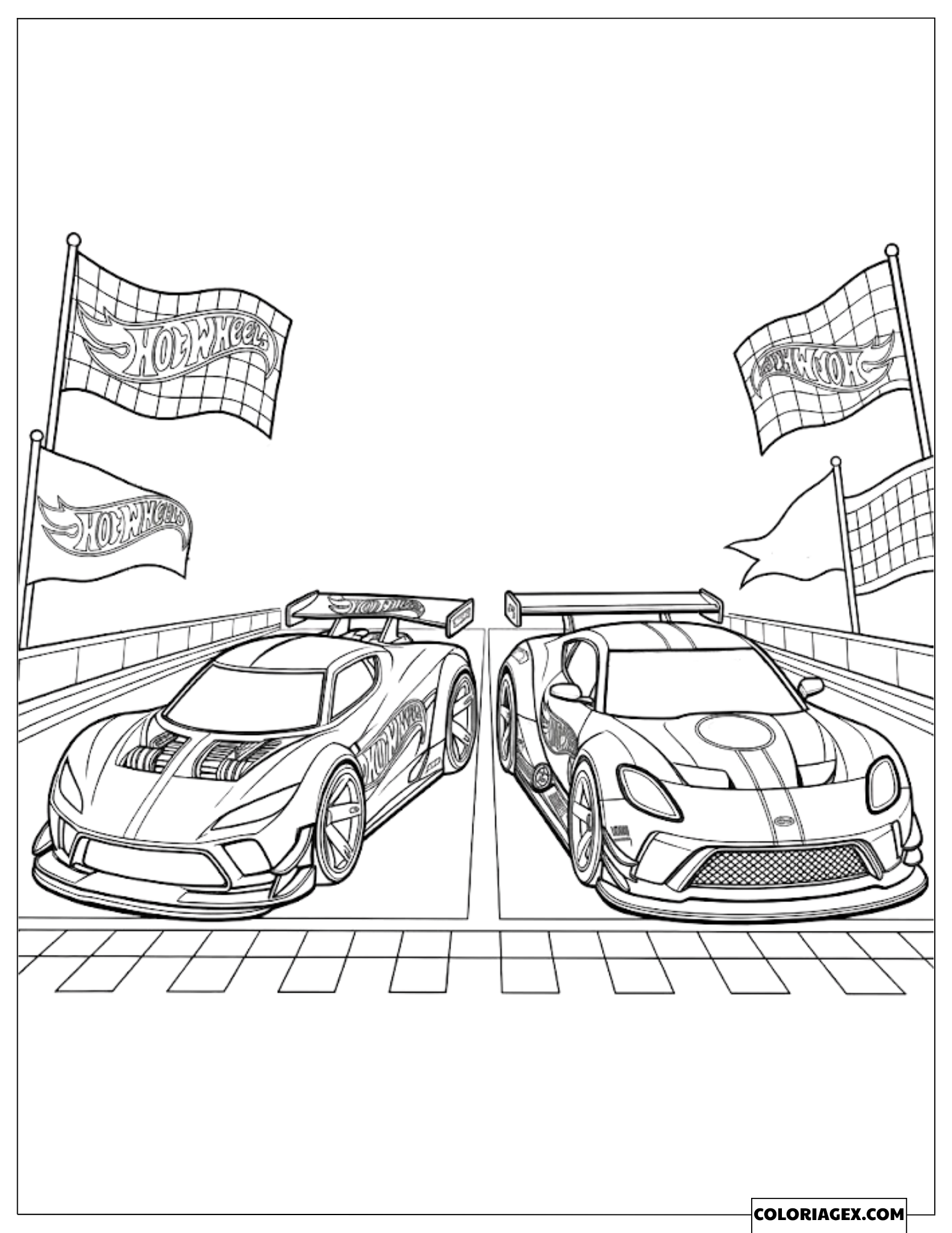 Dessin de deux voitures Hot Wheels côte à côte sur la ligne de départ