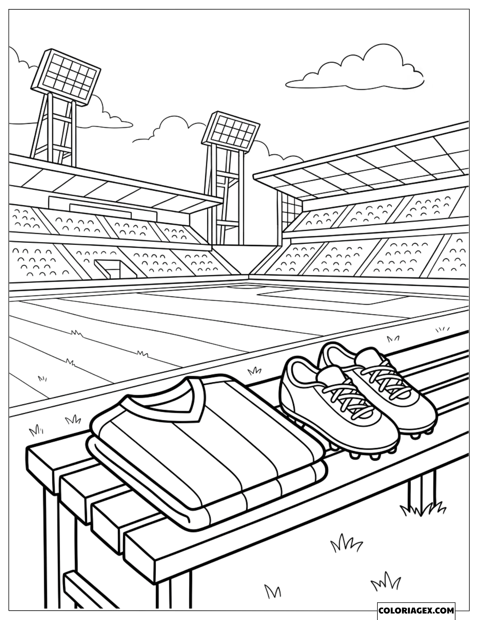 Dessin de maillot et chaussures de foot sur un banc de stade