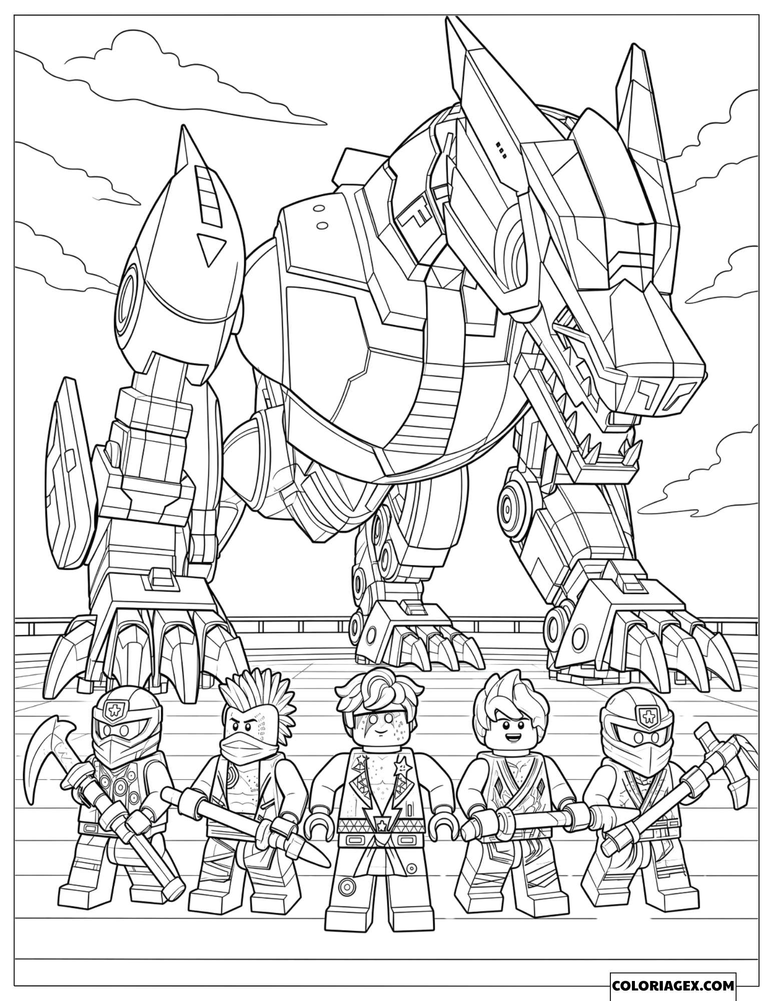 Dessin de toute l'équipe de ninjas faisant face à un dragon Empire Dragon