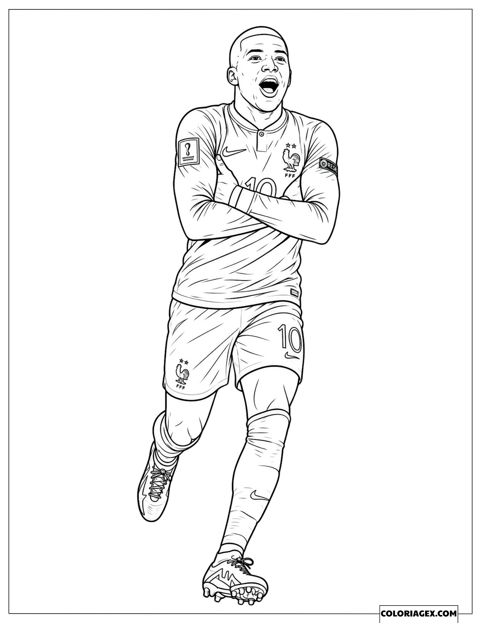 Dessin du célèbre joueur de football Kylian Mbappé célébrant les bras croisés