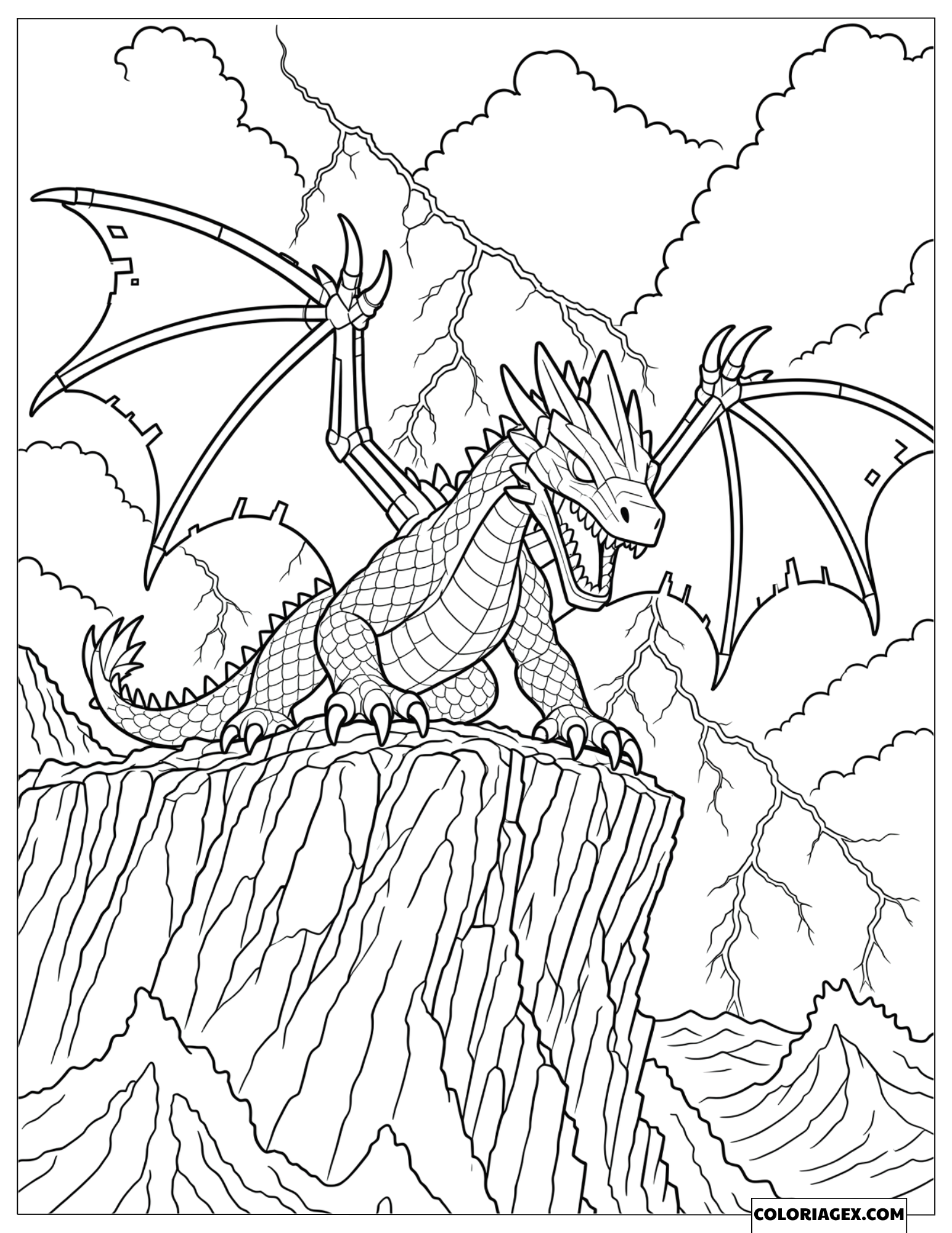 Dessin du dragon de glace Shard rugissant sur une falaise sous un orage
