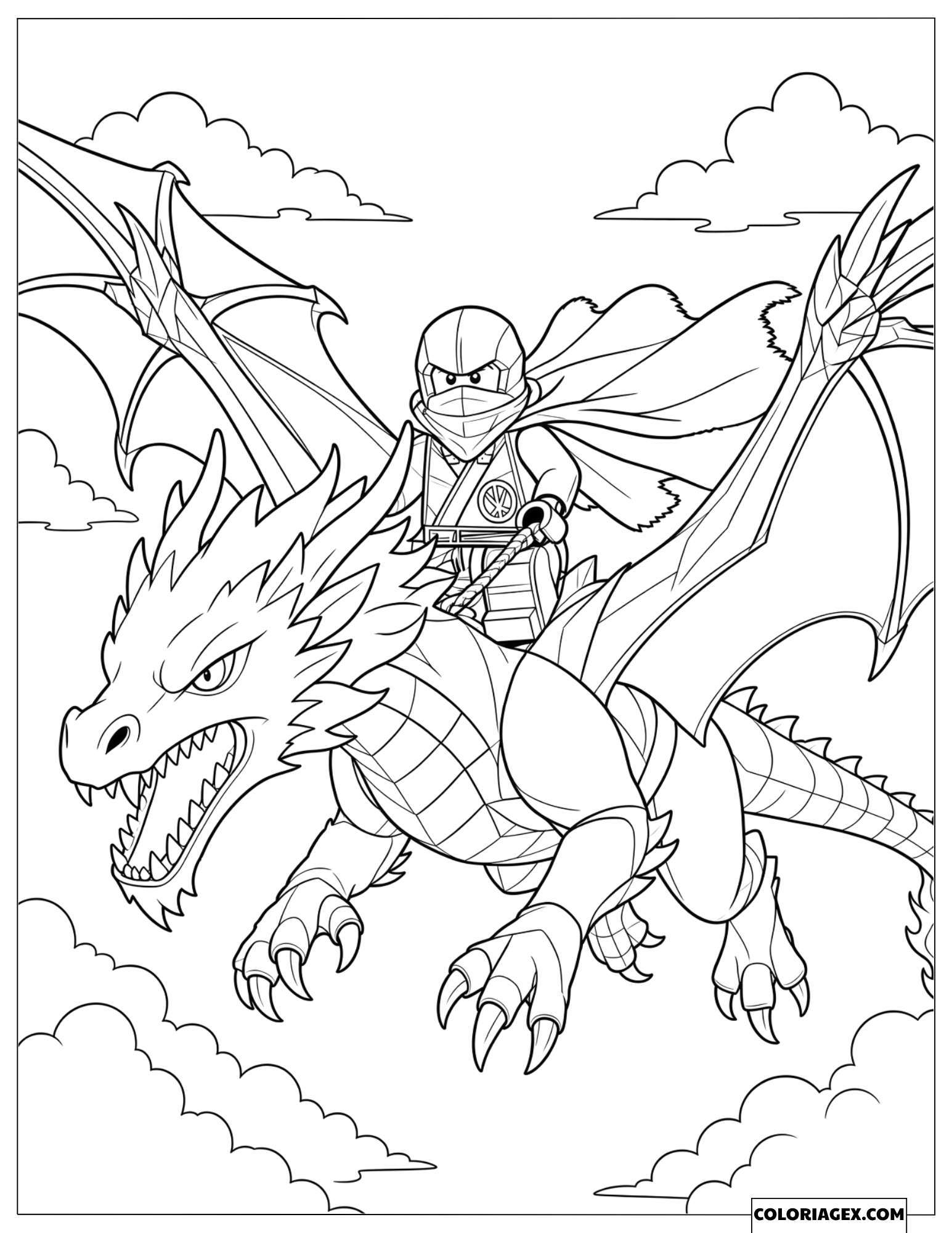 Dessin du ninja Kai chevauchant le dragon de feu Flame volant dans le ciel