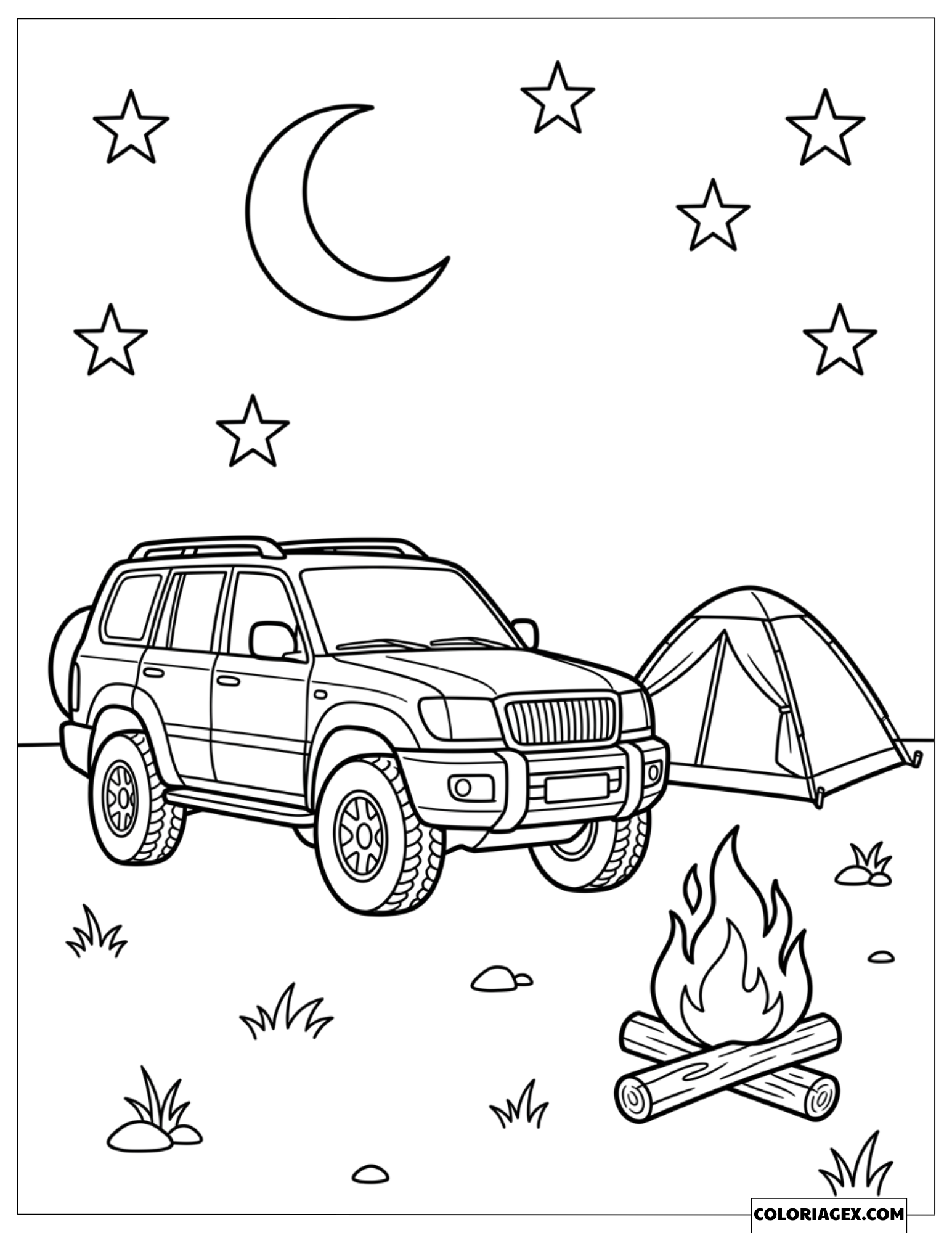 Dessin d'un 4x4 campant près d'une tente et d'un feu de camp sous les étoiles