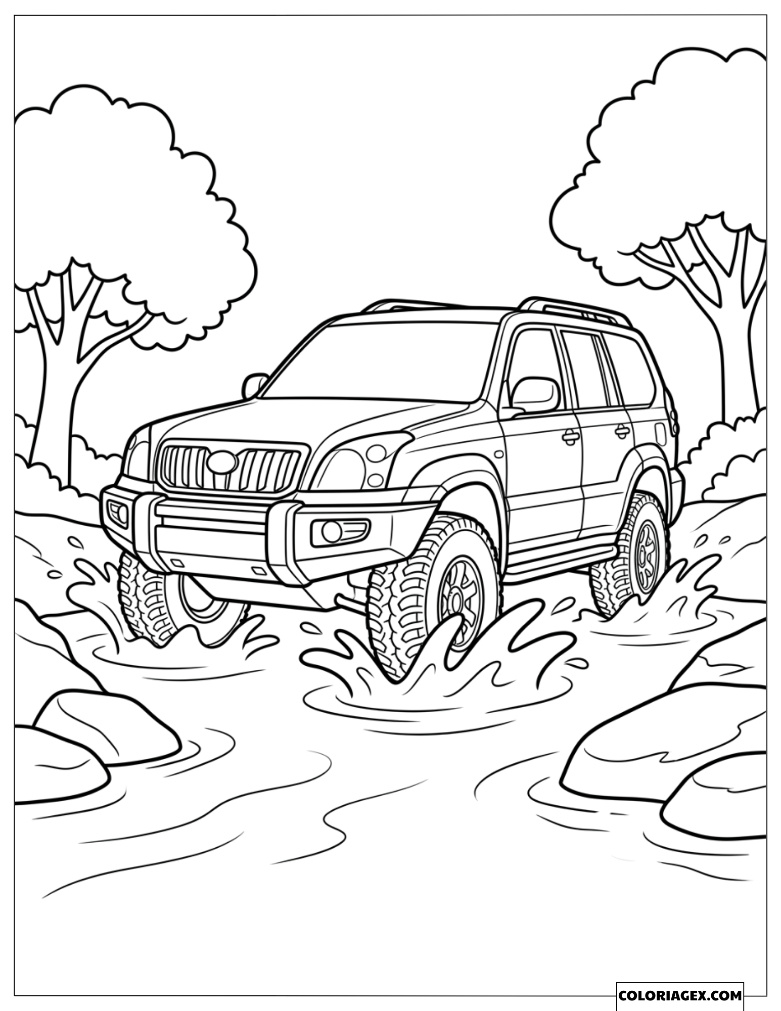 Dessin d'un SUV 4x4 traversant une rivière en éclaboussant dans la forêt