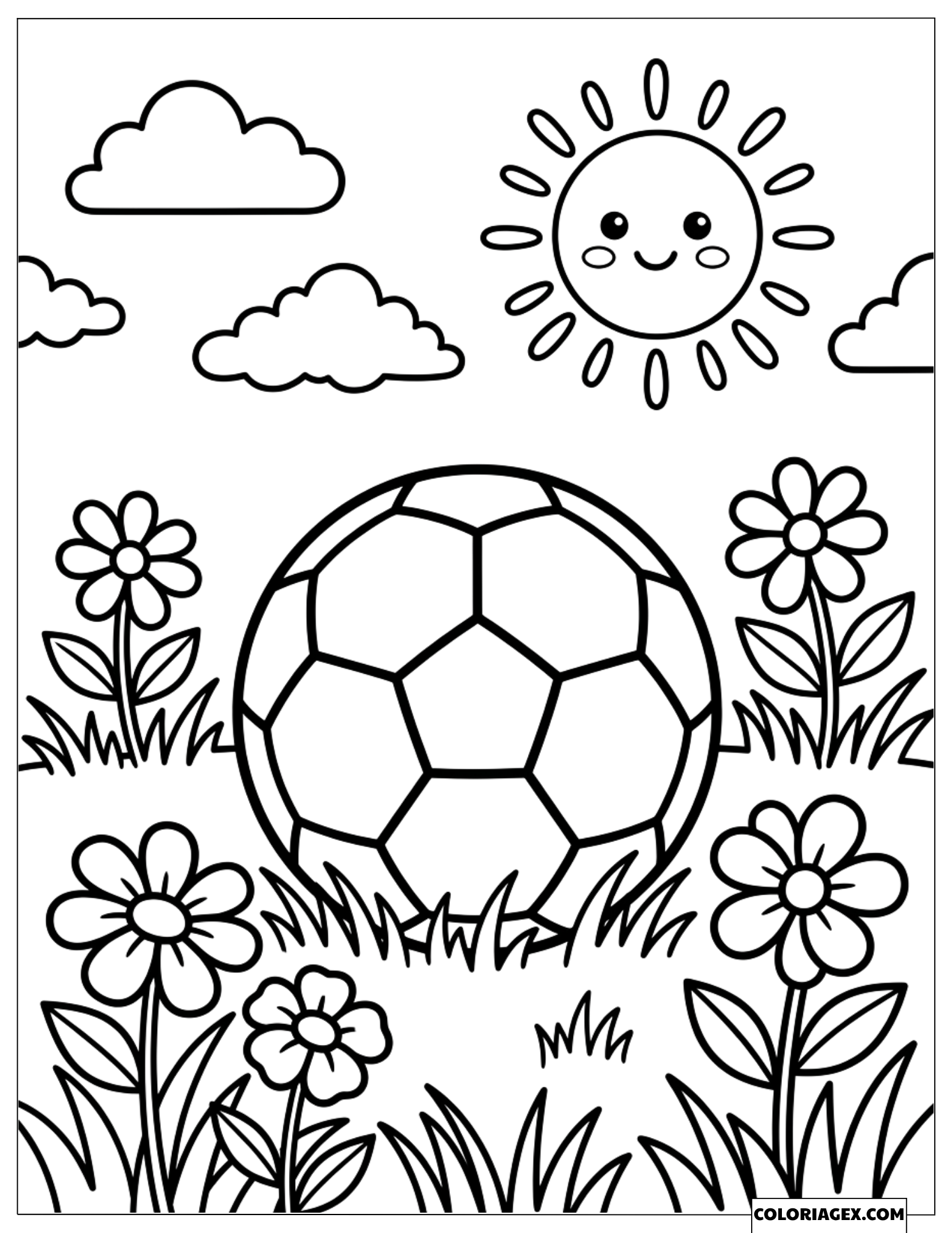 Dessin d'un ballon de football sur l'herbe avec fleurs et soleil