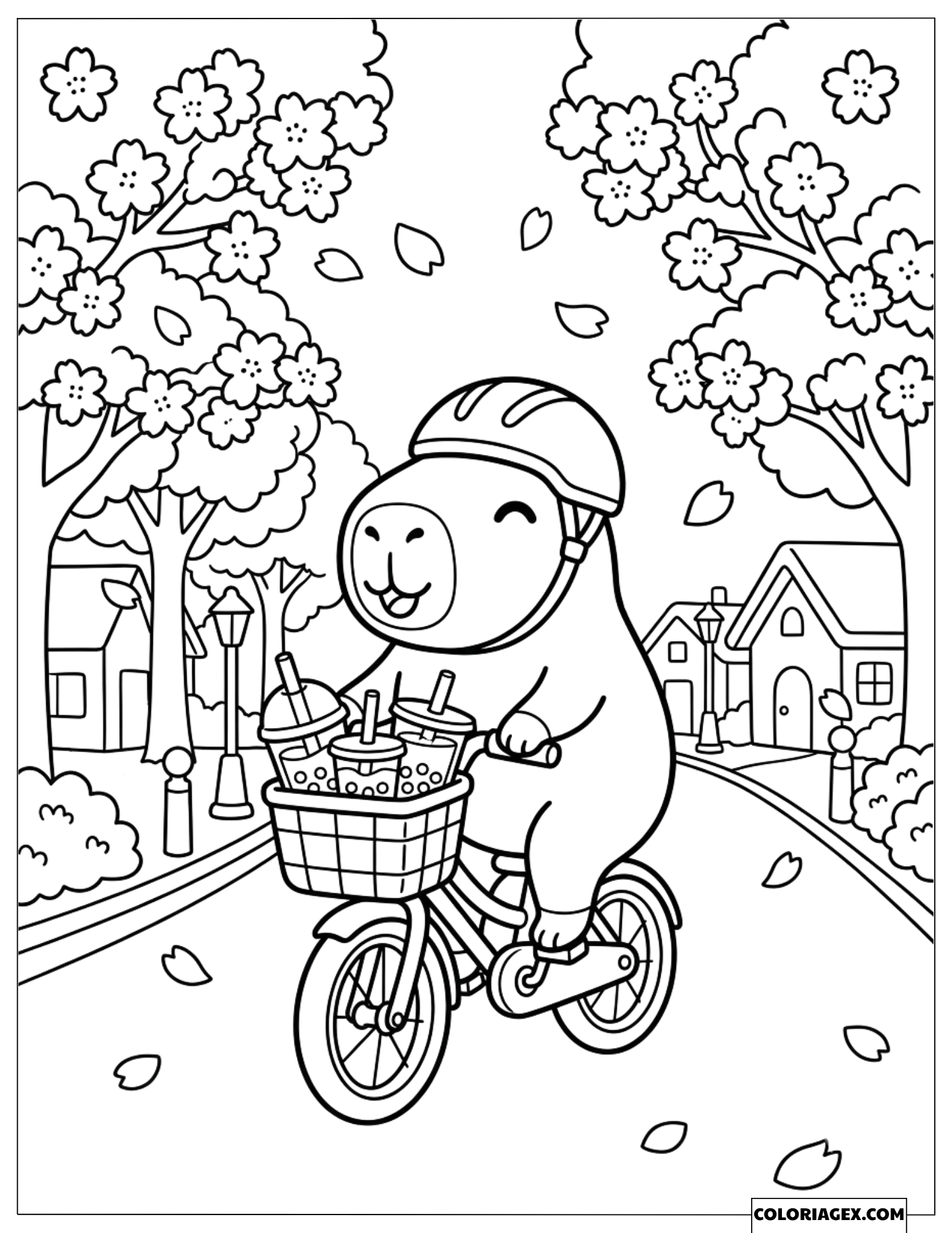 Dessin d'un capybara à vélo transportant du thé sous les cerisiers en fleurs
