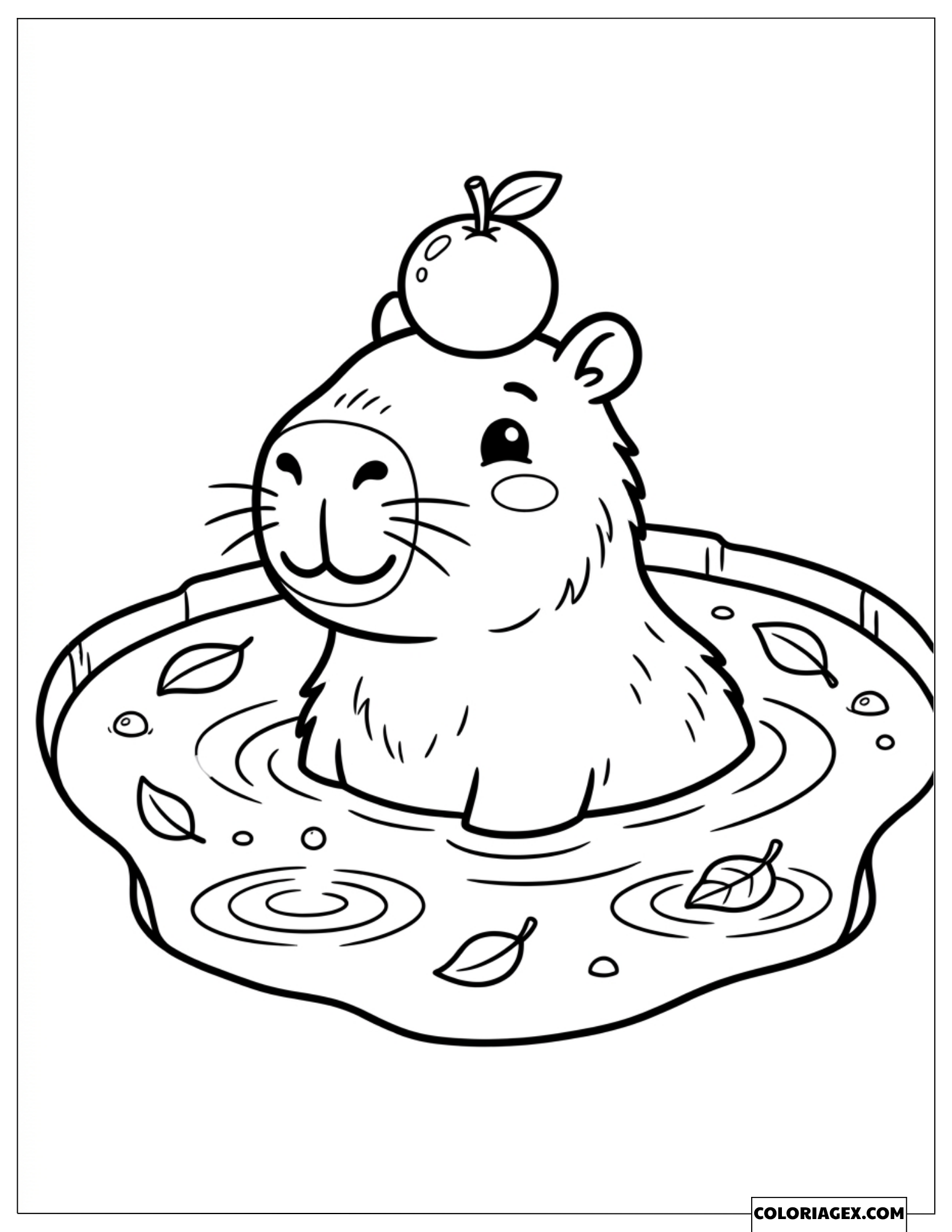 Dessin d'un capybara avec une pomme sur la tête se détendant dans une source