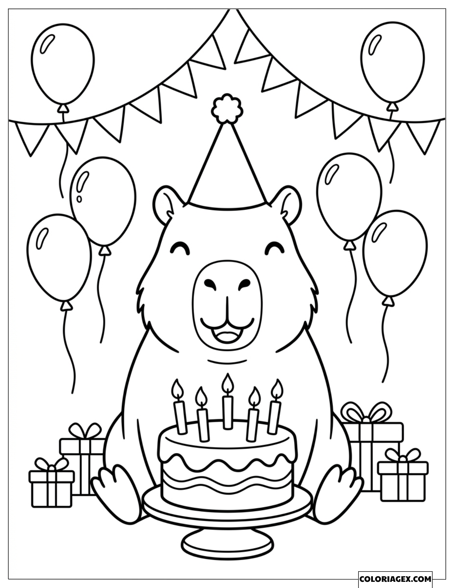 Dessin d'un capybara coiffé d'un chapeau d'anniversaire assis près d'un gâteau et de cadeaux