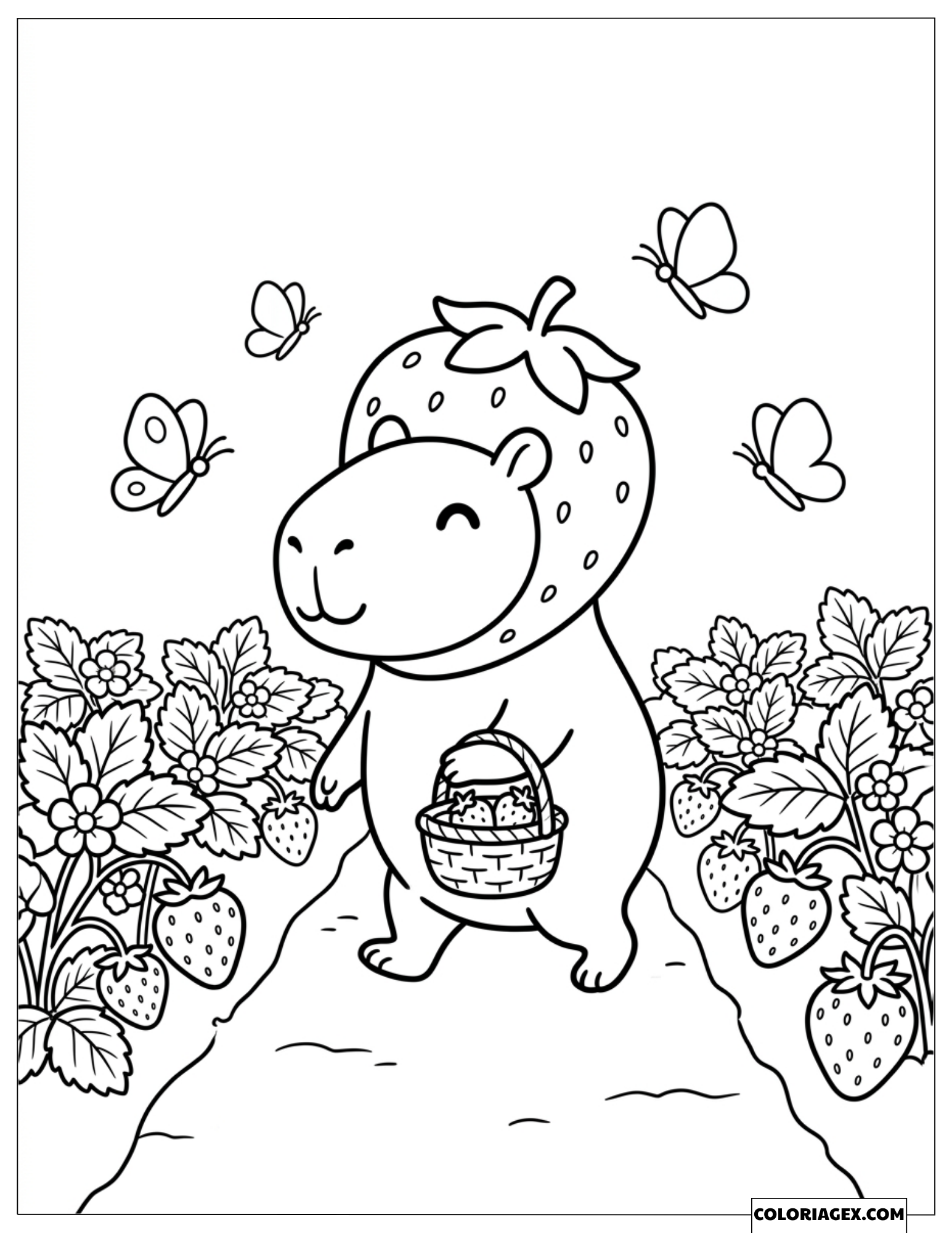 Dessin d'un capybara coiffé d'un chapeau fraise tenant un petit panier dans le jardin