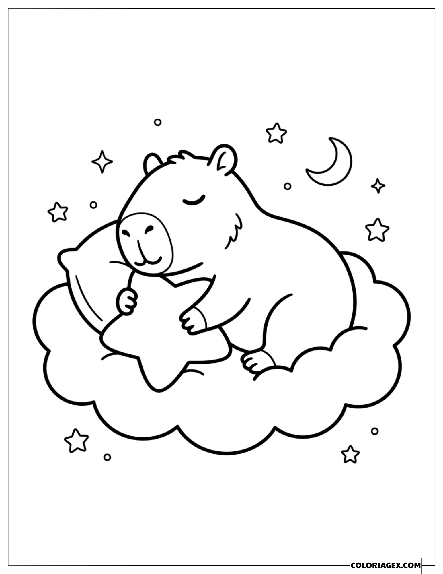Dessin d'un capybara dormant paisiblement en câlinant une étoile sur un nuage