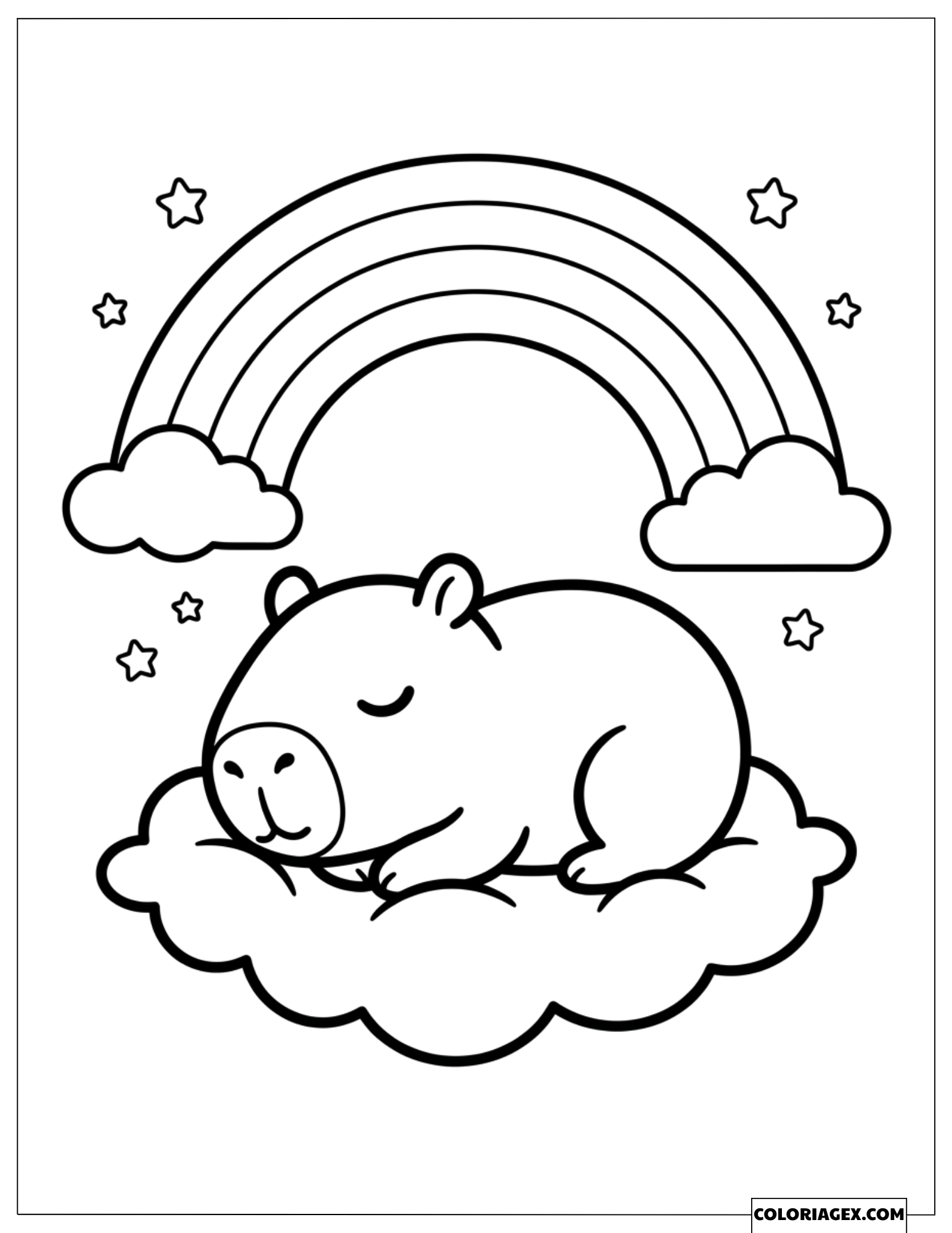 Dessin d'un capybara dormant paisiblement sur un nuage sous un arc-en-ciel