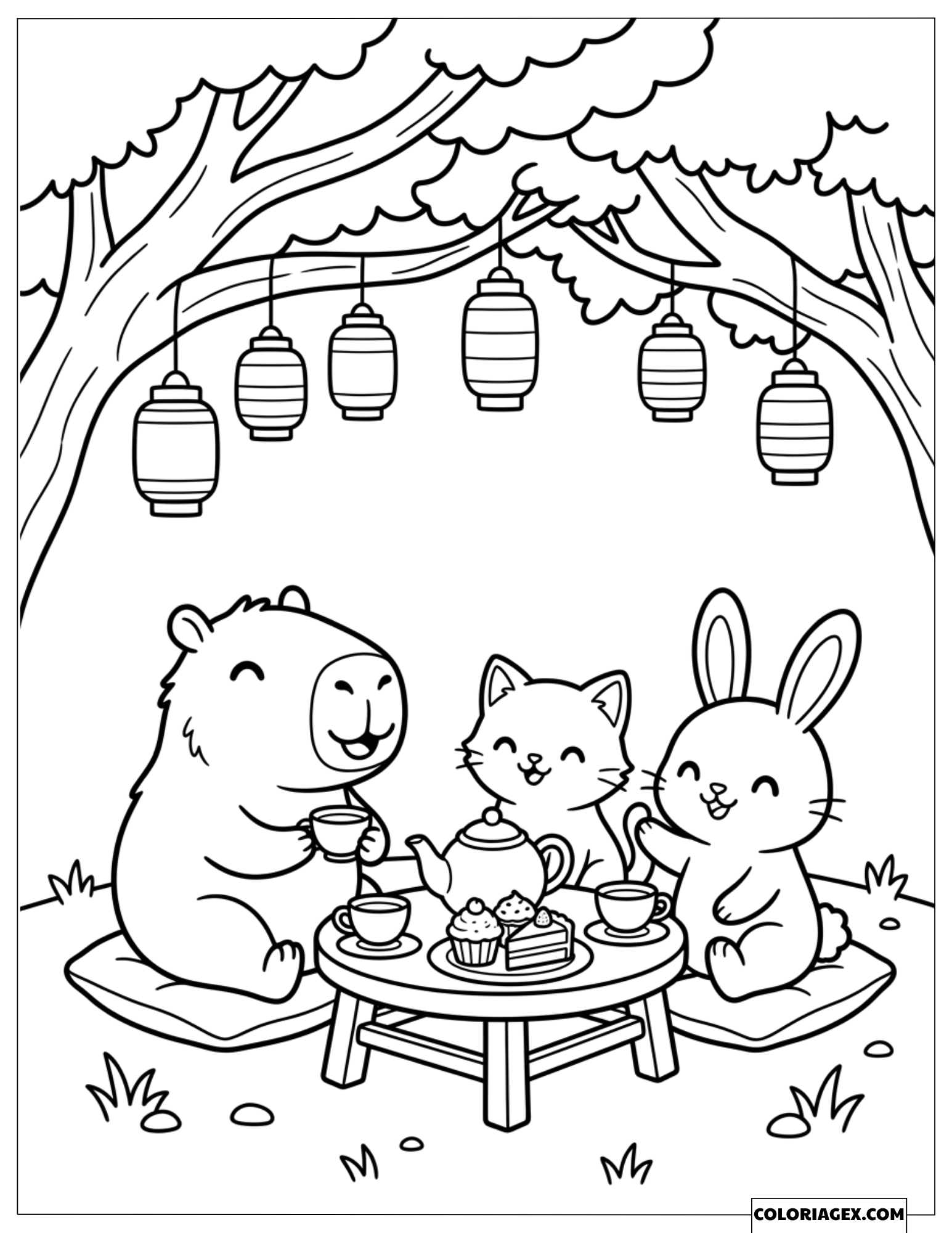 Dessin d'un capybara, d'un chat et d'un lapin buvant du thé sous des lanternes