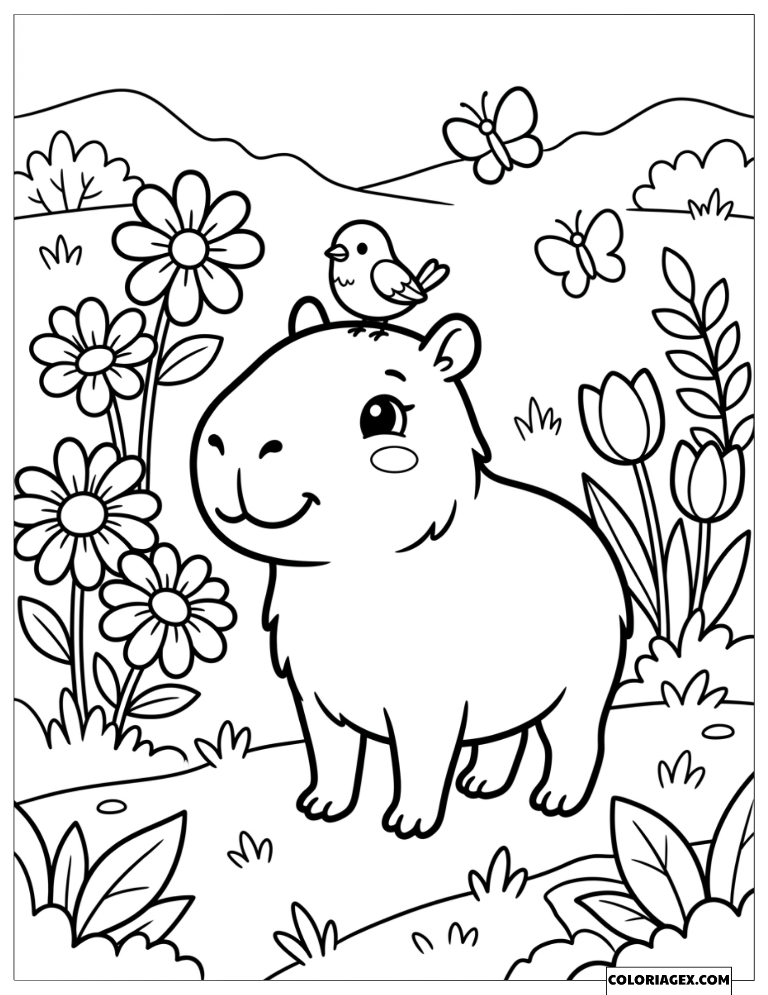 Dessin d'un capybara et d'un petit oiseau sur sa tête se promenant parmi les fleurs