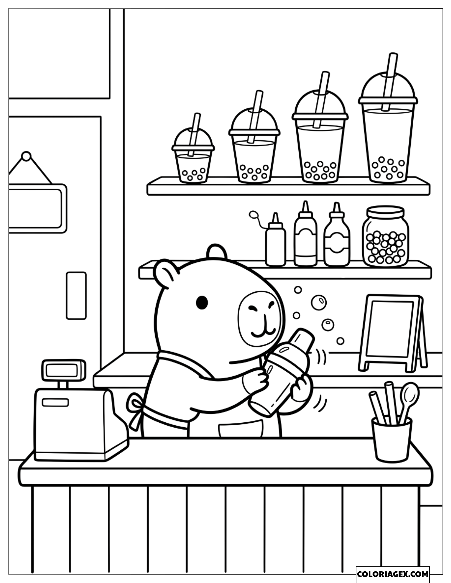 Dessin d'un capybara préparant du thé aux perles au comptoir d'une boutique