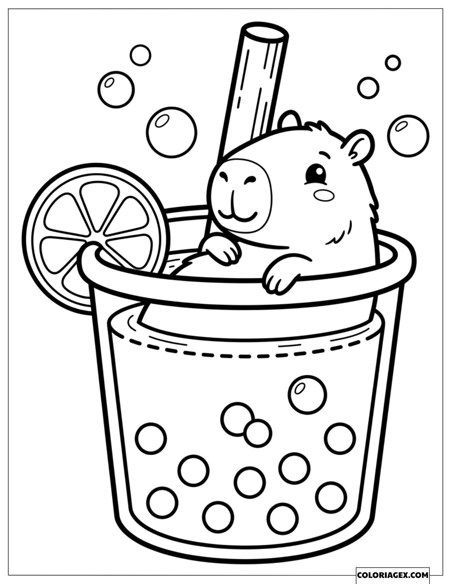 Dessin d'un capybara se détendant dans une grande tasse de thé au citron