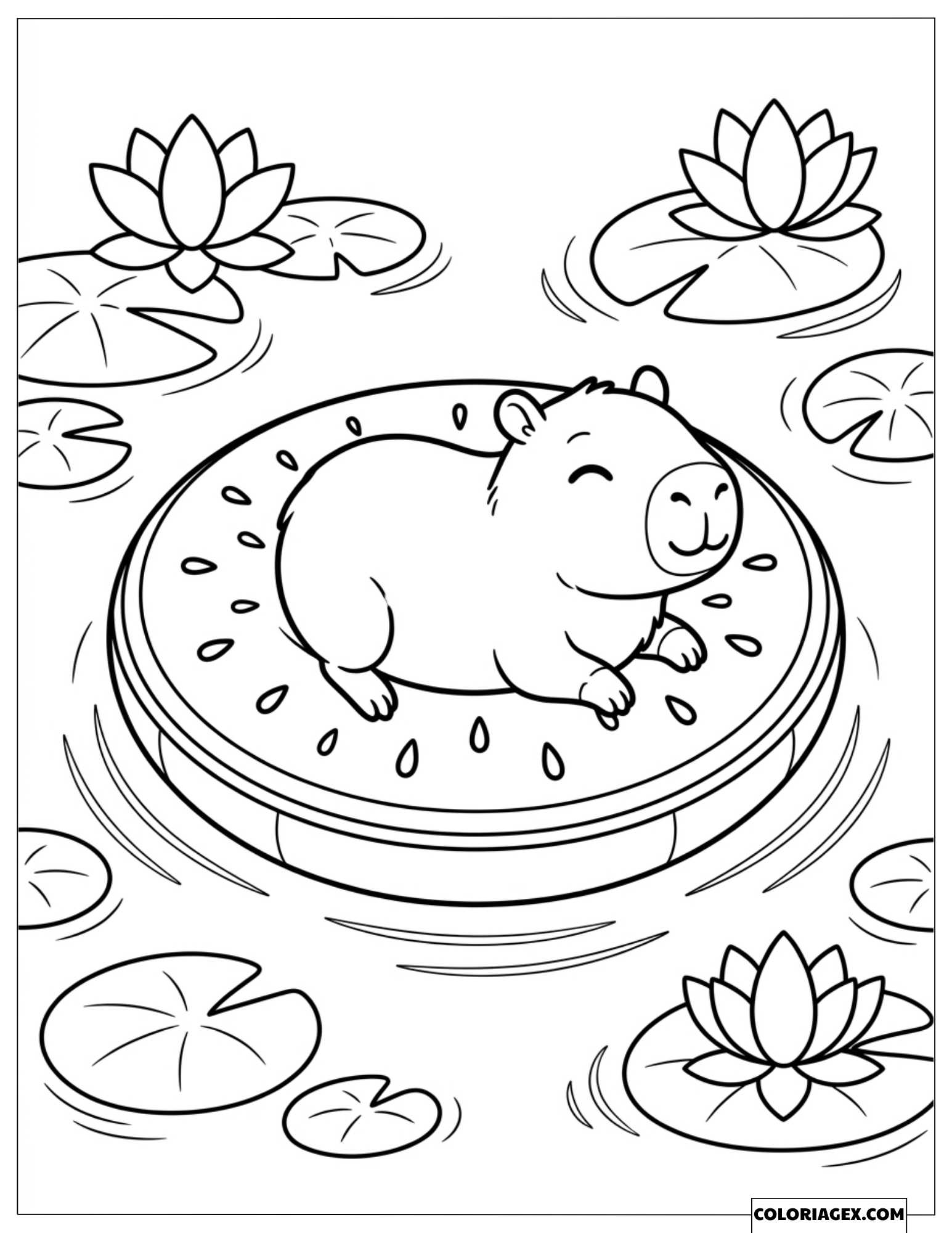 Dessin d'un capybara se relaxant sur une bouée tranche de pastèque sur un lac
