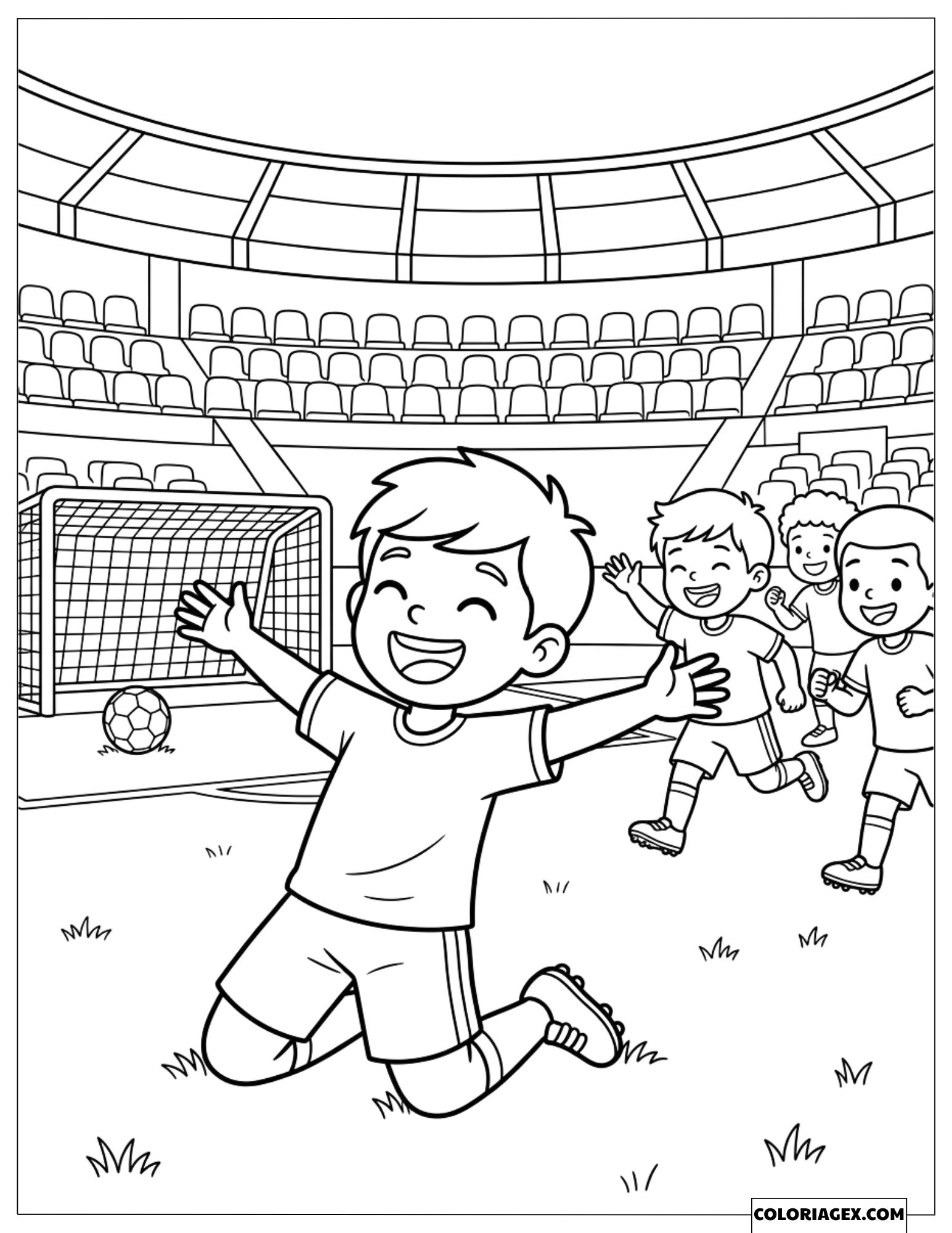 Dessin d'un garçon célébrant une victoire devant les gradins du stade