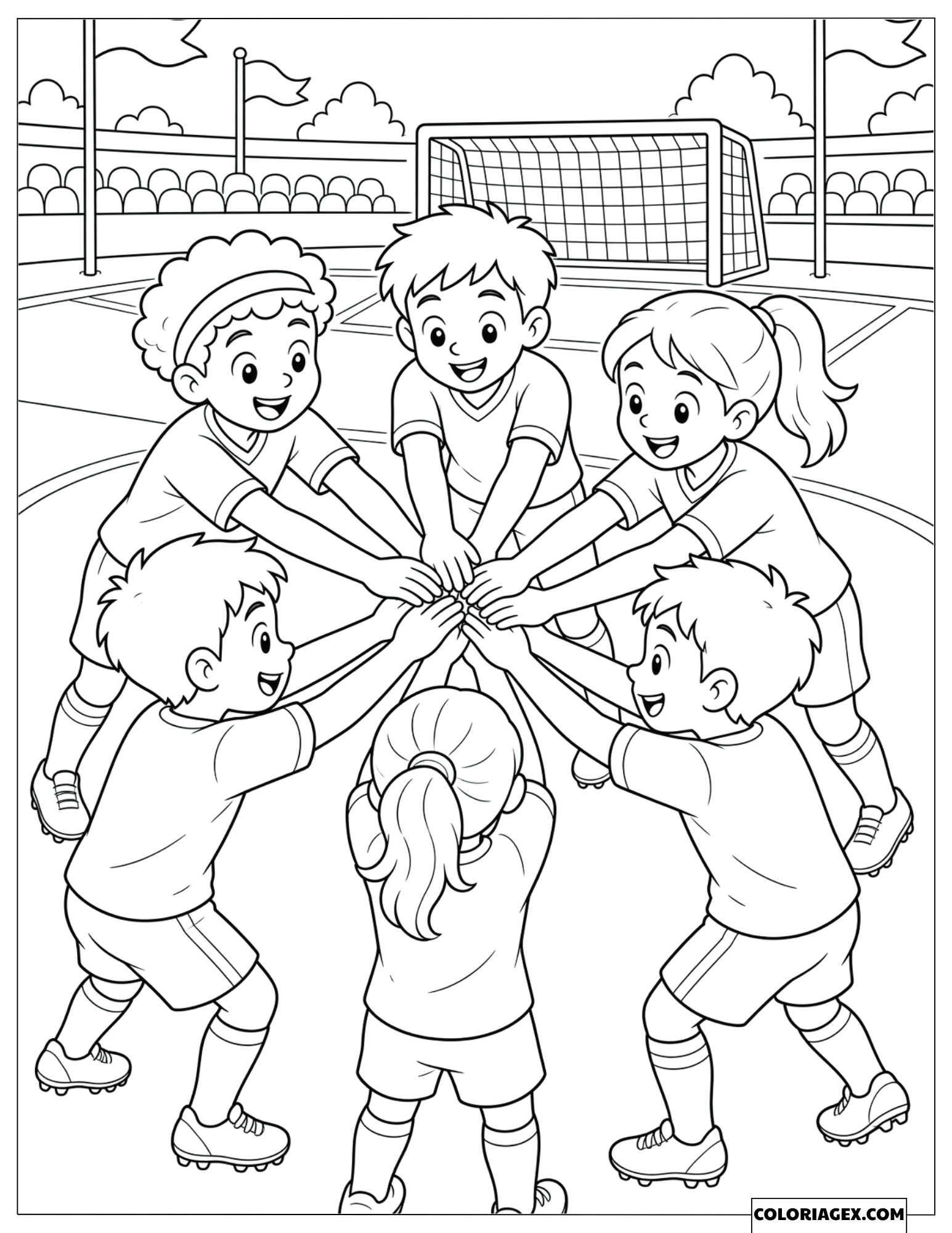 Dessin d'un groupe d'enfants footballeurs se serrant les mains en équipe