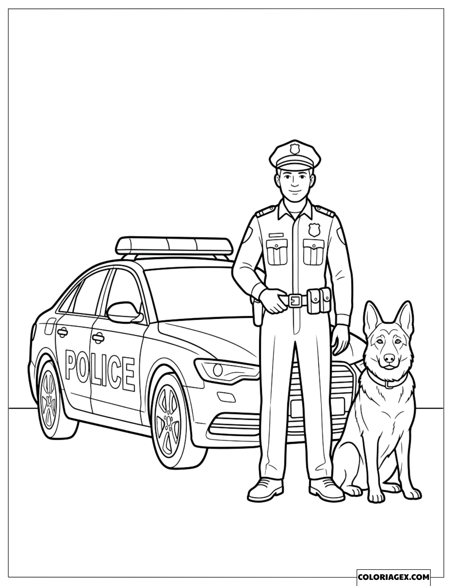 Dessin d'un officier de police et son chien garde devant la voiture