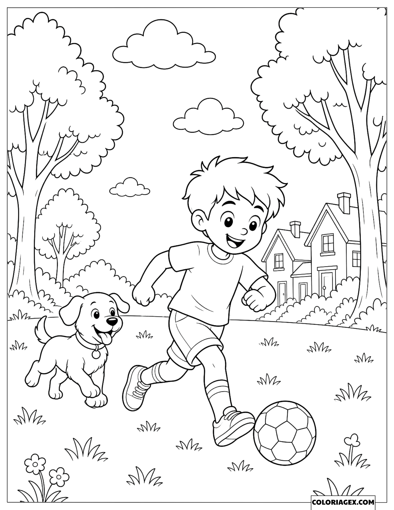 Dessin d'un petit garçon et de son chien jouant au football dans le parc