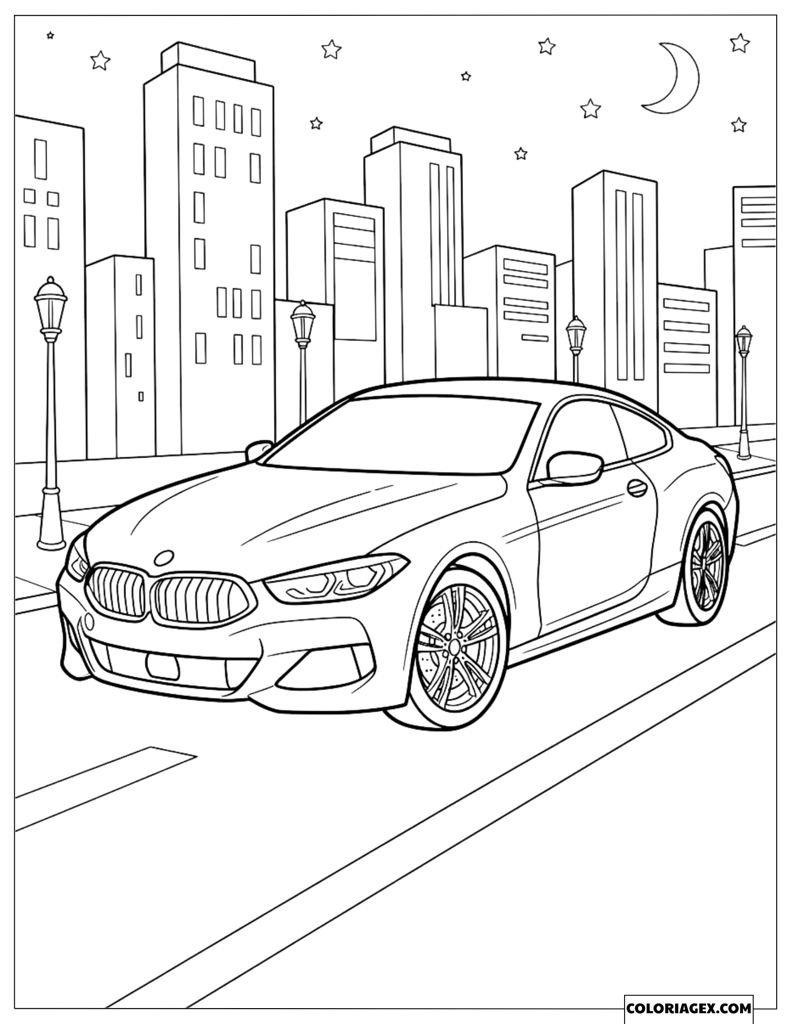 Dessin d'une BMW roulant dans les rues de la ville sous un ciel étoilé