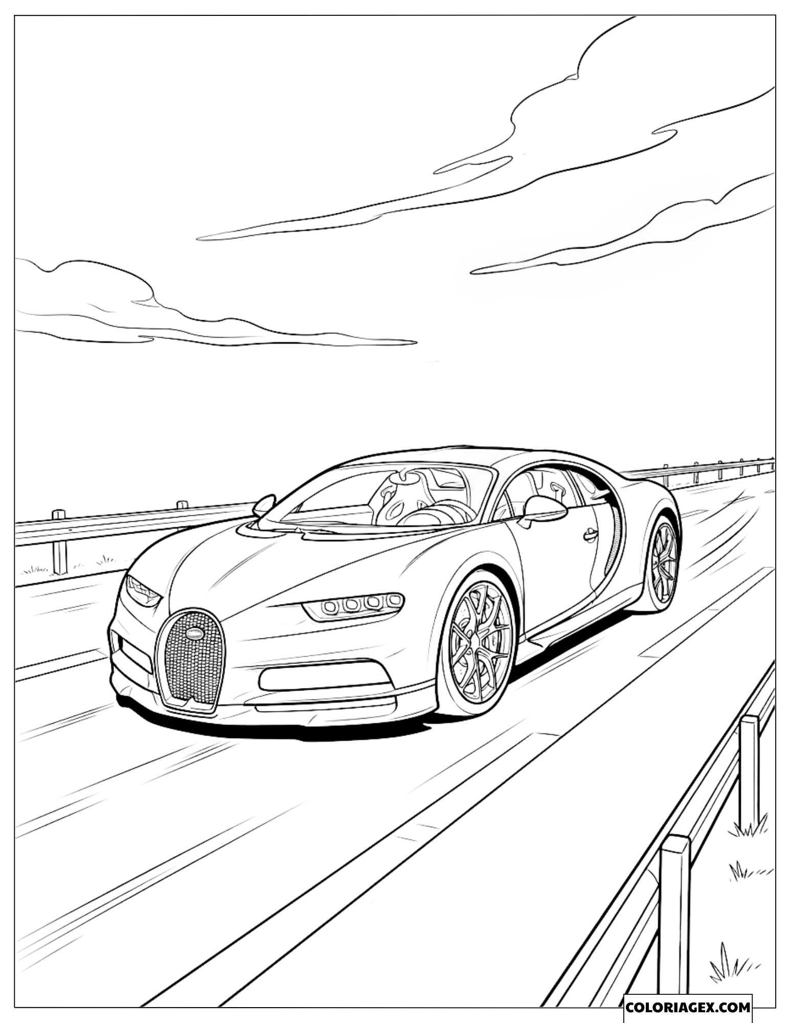Dessin d'une Bugatti filant à toute vitesse sur une autoroute dégagée