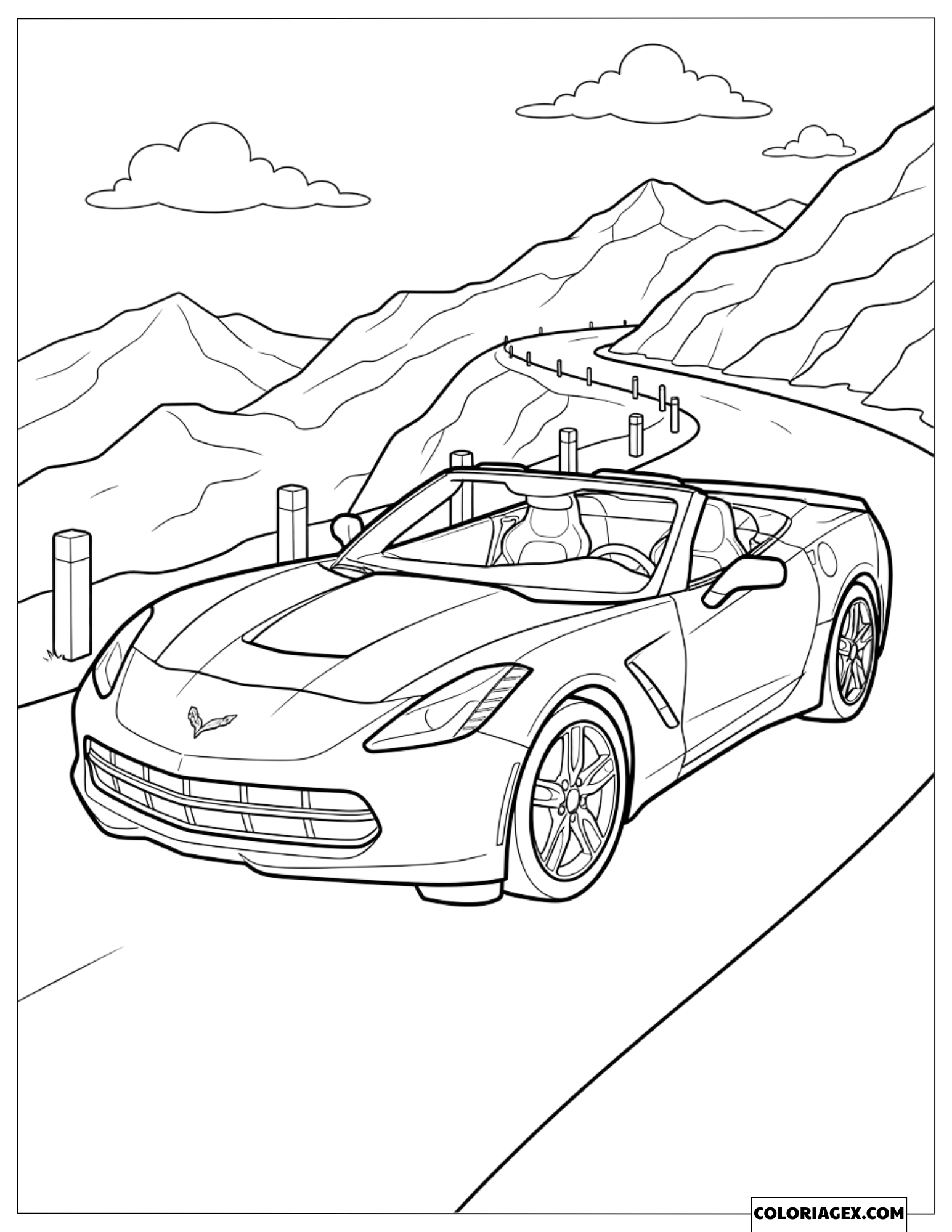 Dessin d'une Corvette cabriolet sillonnant une route de montagne escarpée