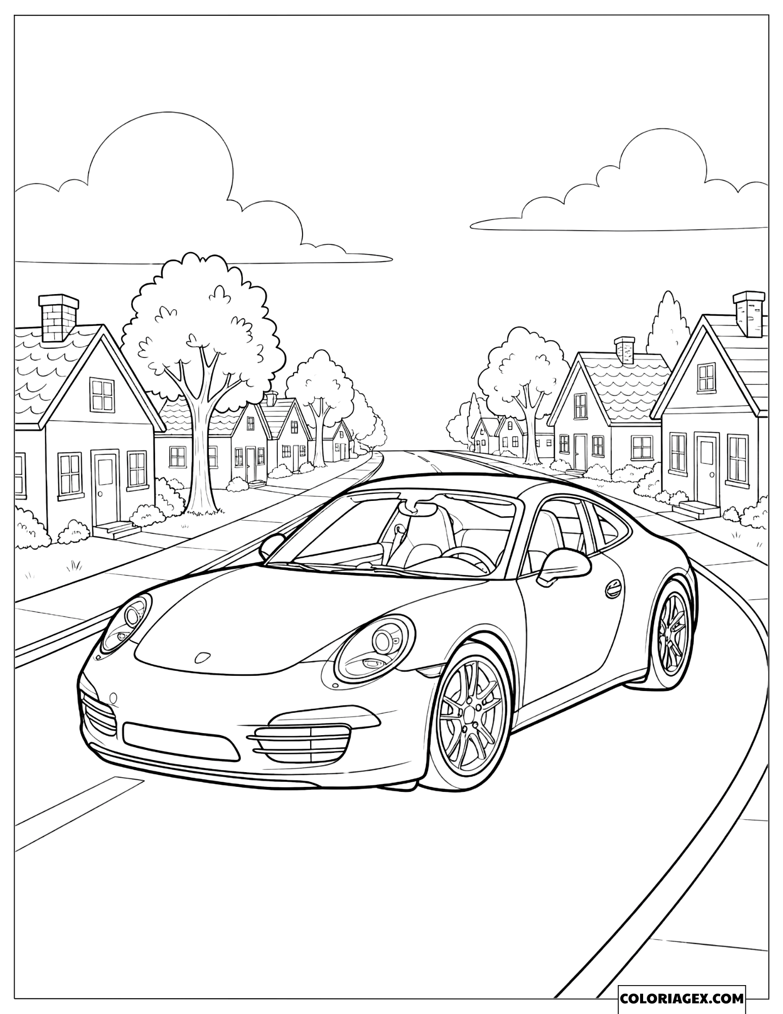 Dessin d'une Porsche 911 roulant en douceur dans une rue résidentielle