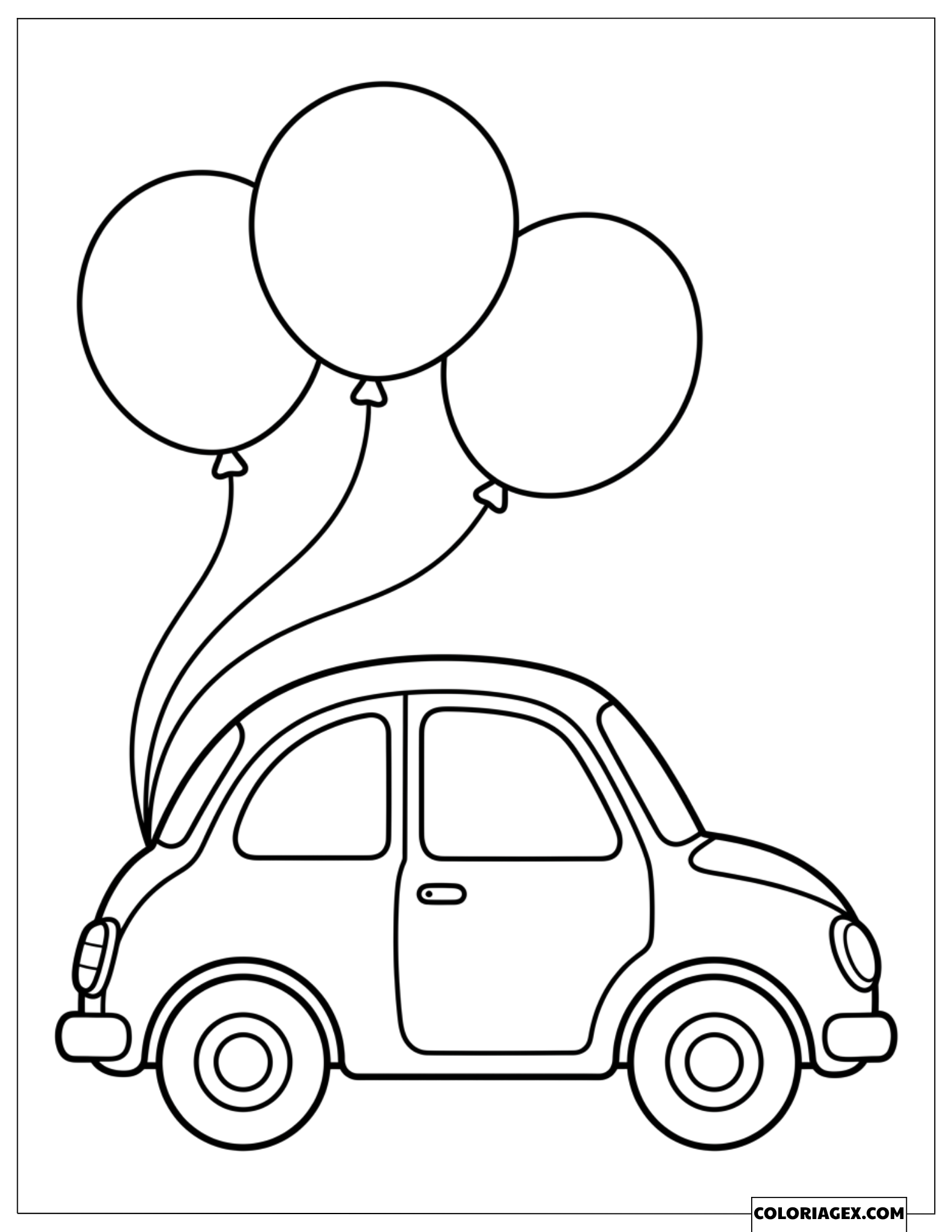 Dessin d'une petite voiture transportant de trois grands ballons