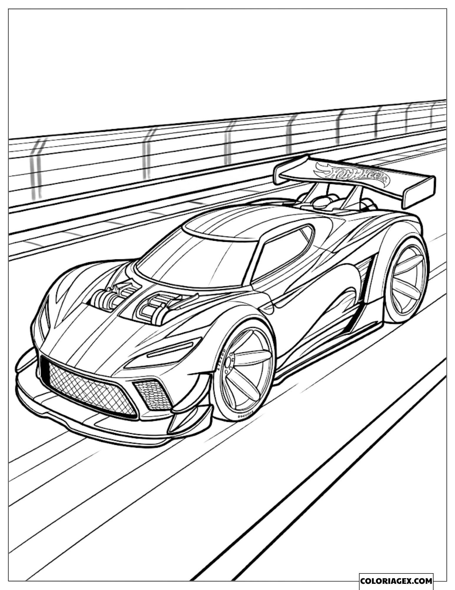 Dessin d'une supercar Hot Wheels avec aileron accélérant sur une ligne droite