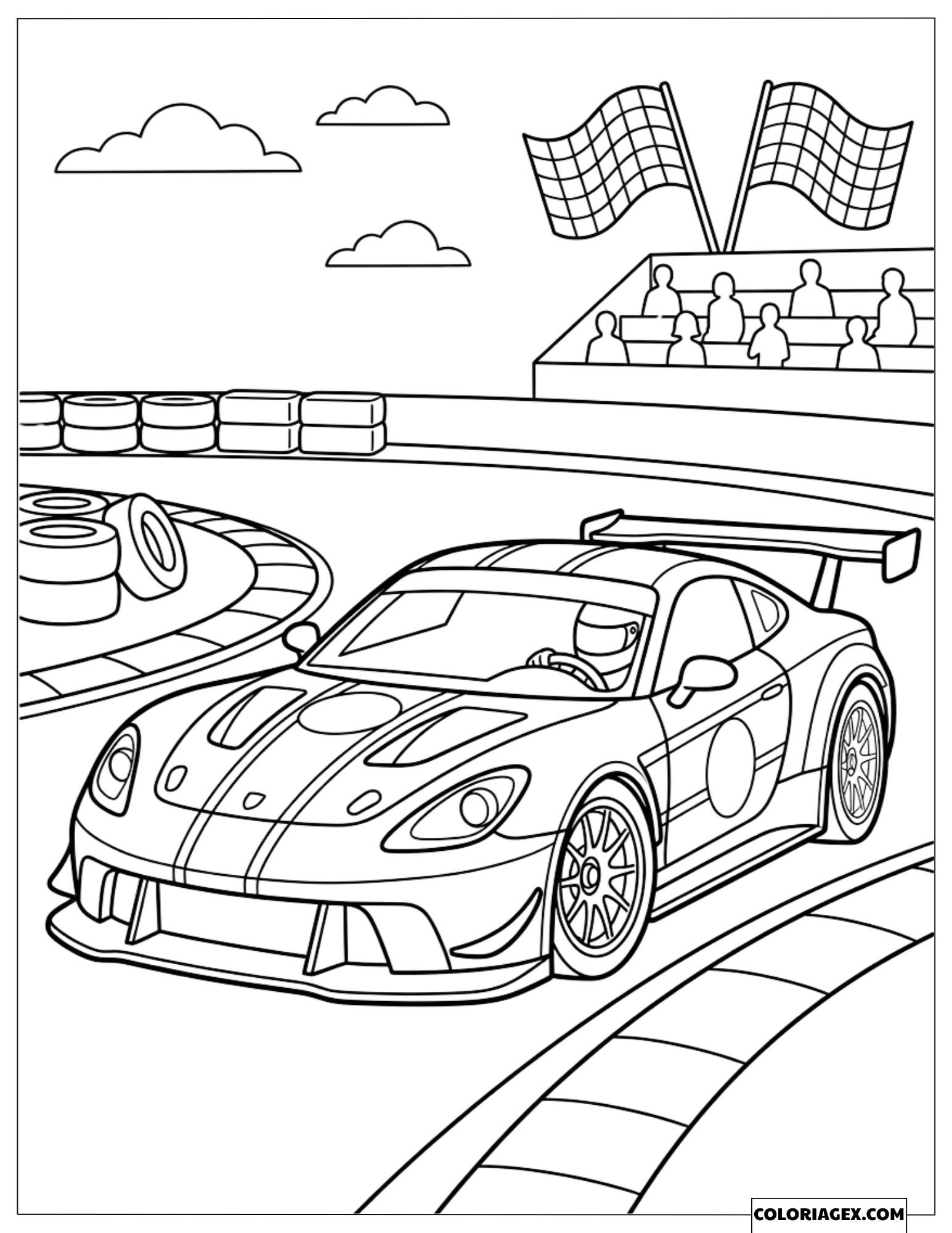 Dessin d'une voiture de course sportive négociant un virage devant les tribunes
