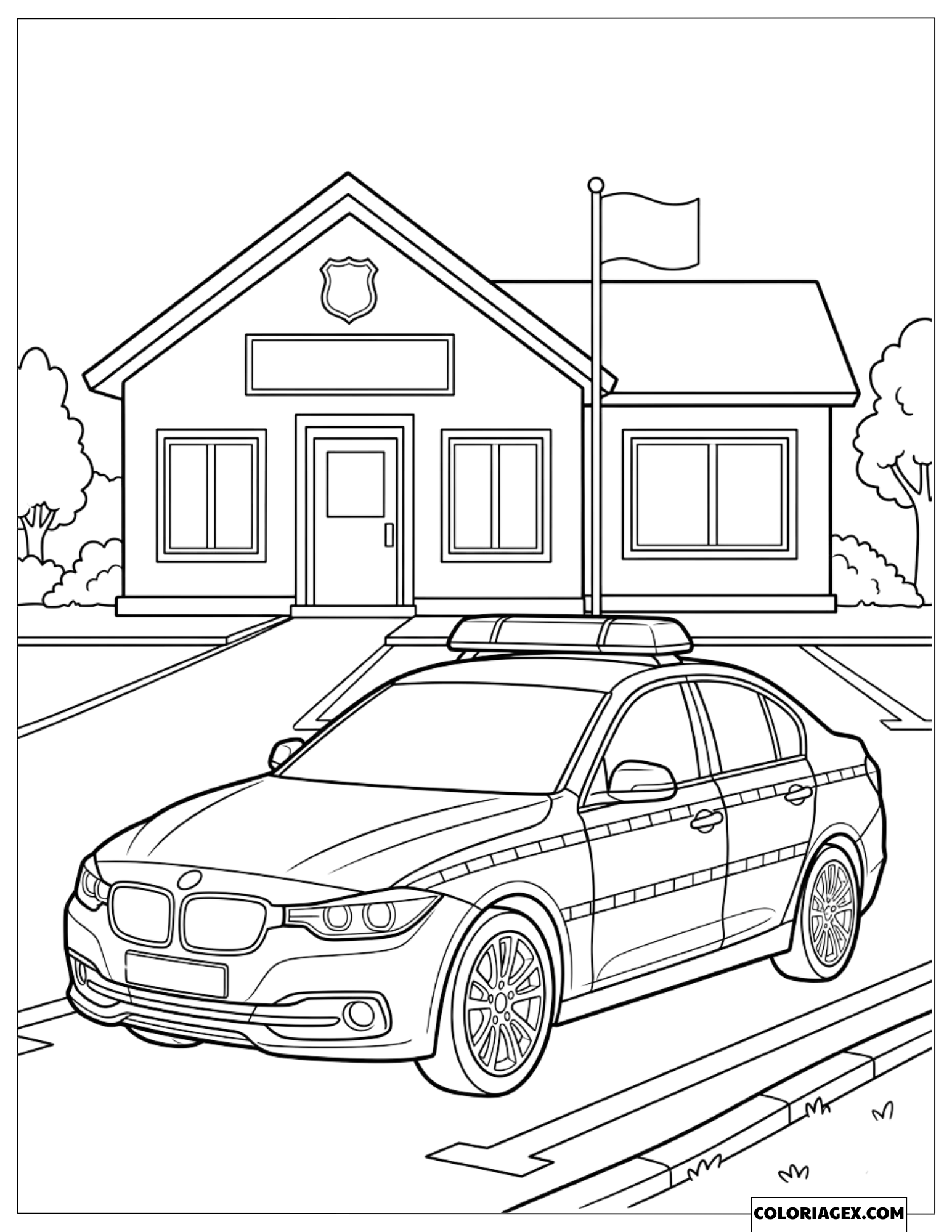 Dessin d'une voiture de police moderne garée devant le commissariat principal