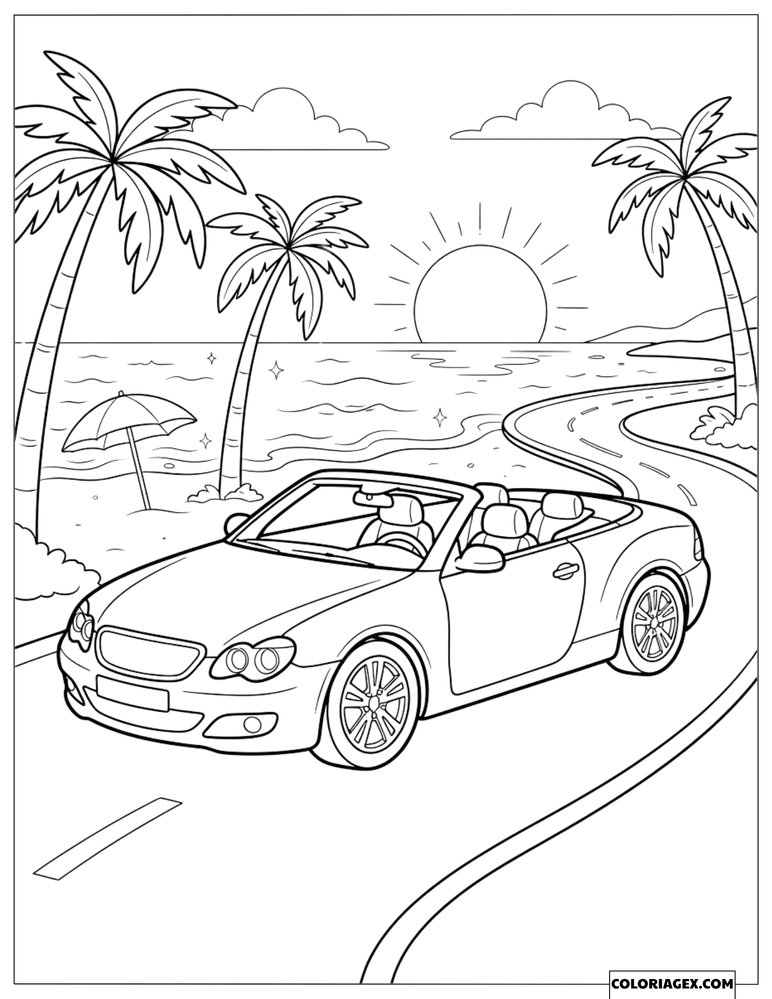 Dessin d'une voiture décapotable de luxe roulant le long de la plage au coucher du soleil