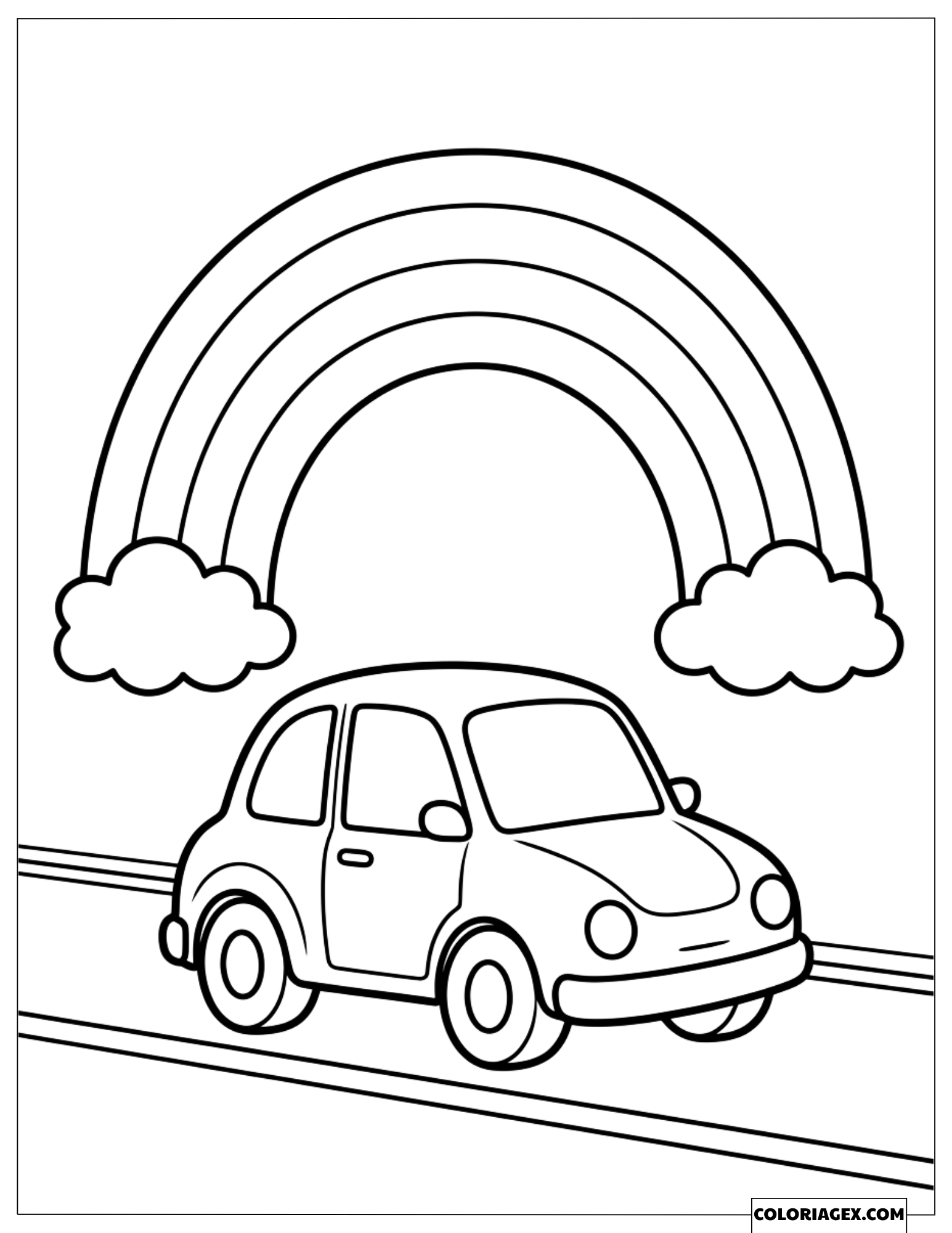 Dessin d'une voiture rigolote roulant sous un magnifique arc-en-ciel