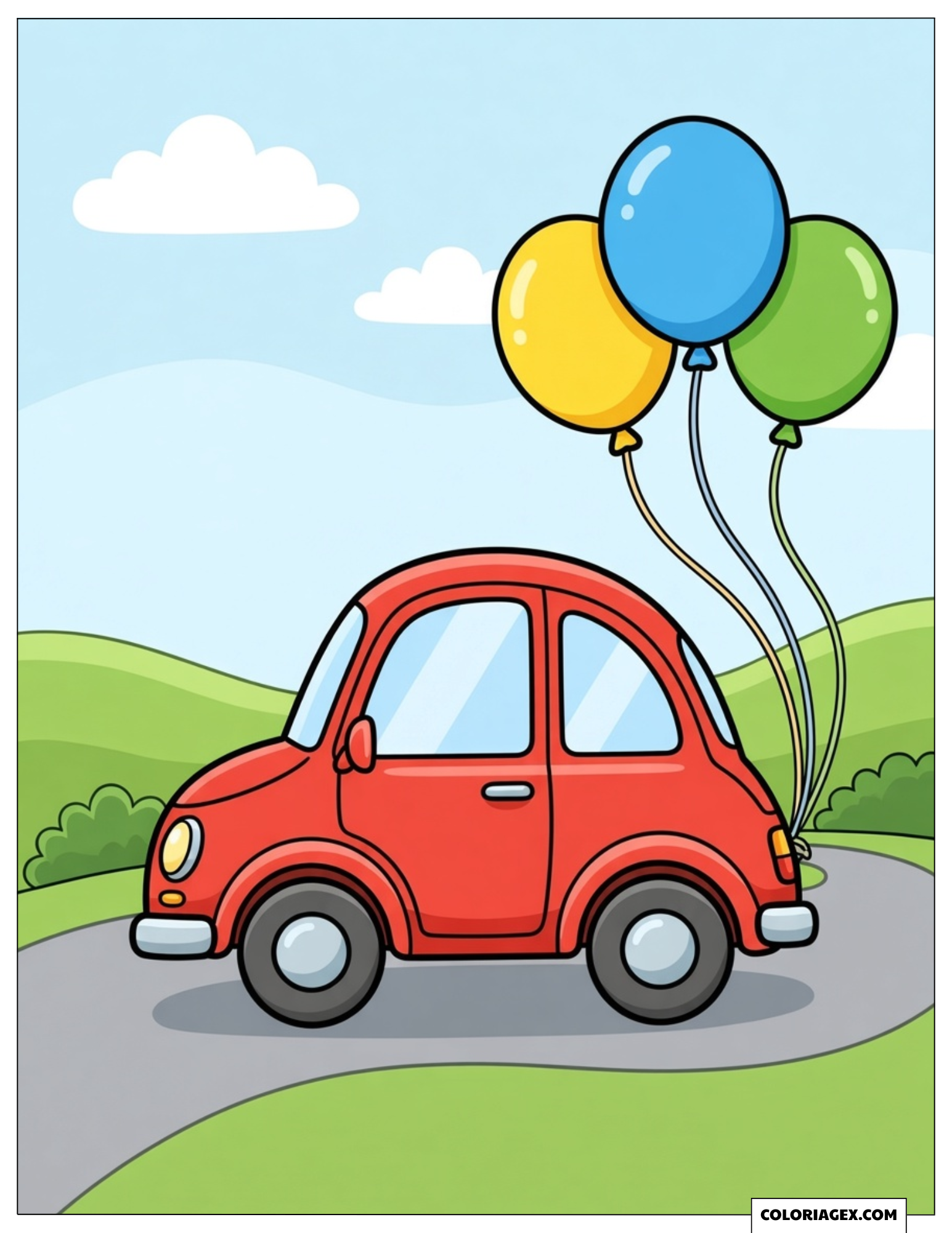 Dessin d'une voiture rouge avec des ballons roulant sur une route de campagne