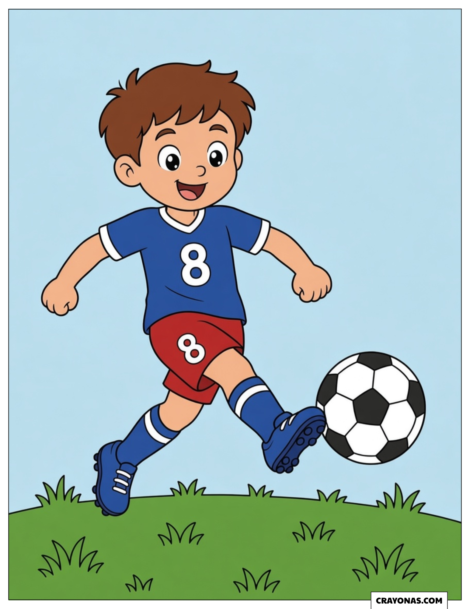 Dessin en couleur d’un jeune footballeur jouant au football sur un terrain