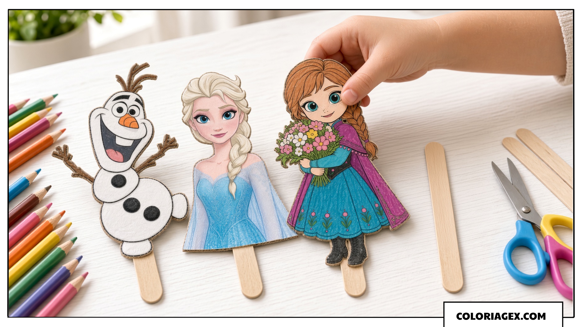 Marionnettes sur Bâtonnets Olaf, Elsa et Anna à Colorier
