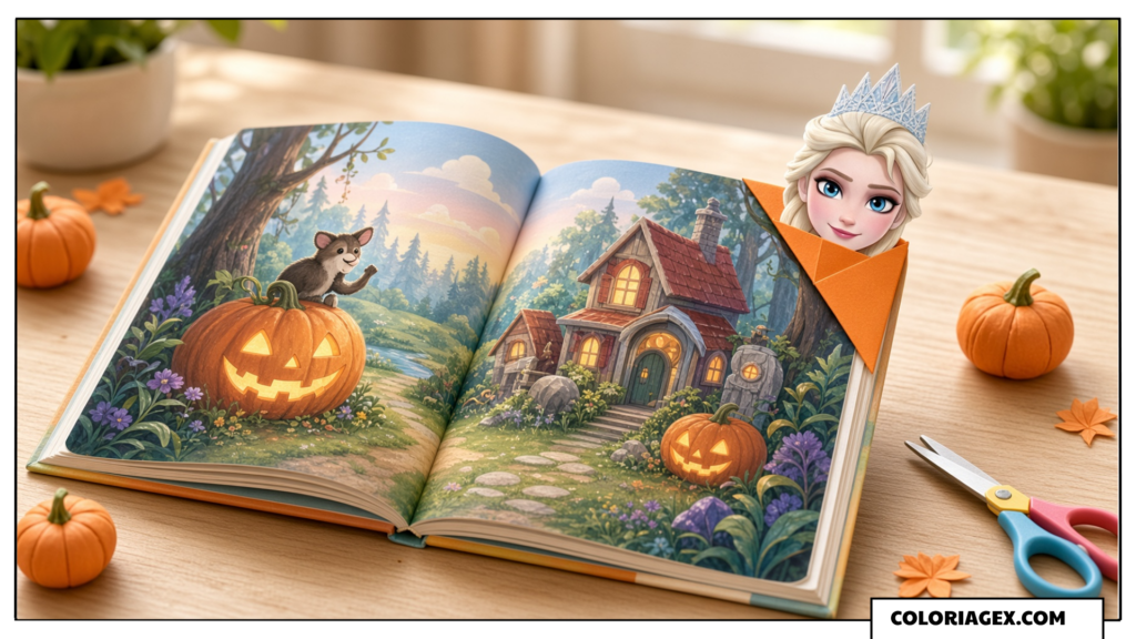 Marque-page d’Angle Origami Elsa Halloween Fait avec un Coloriage