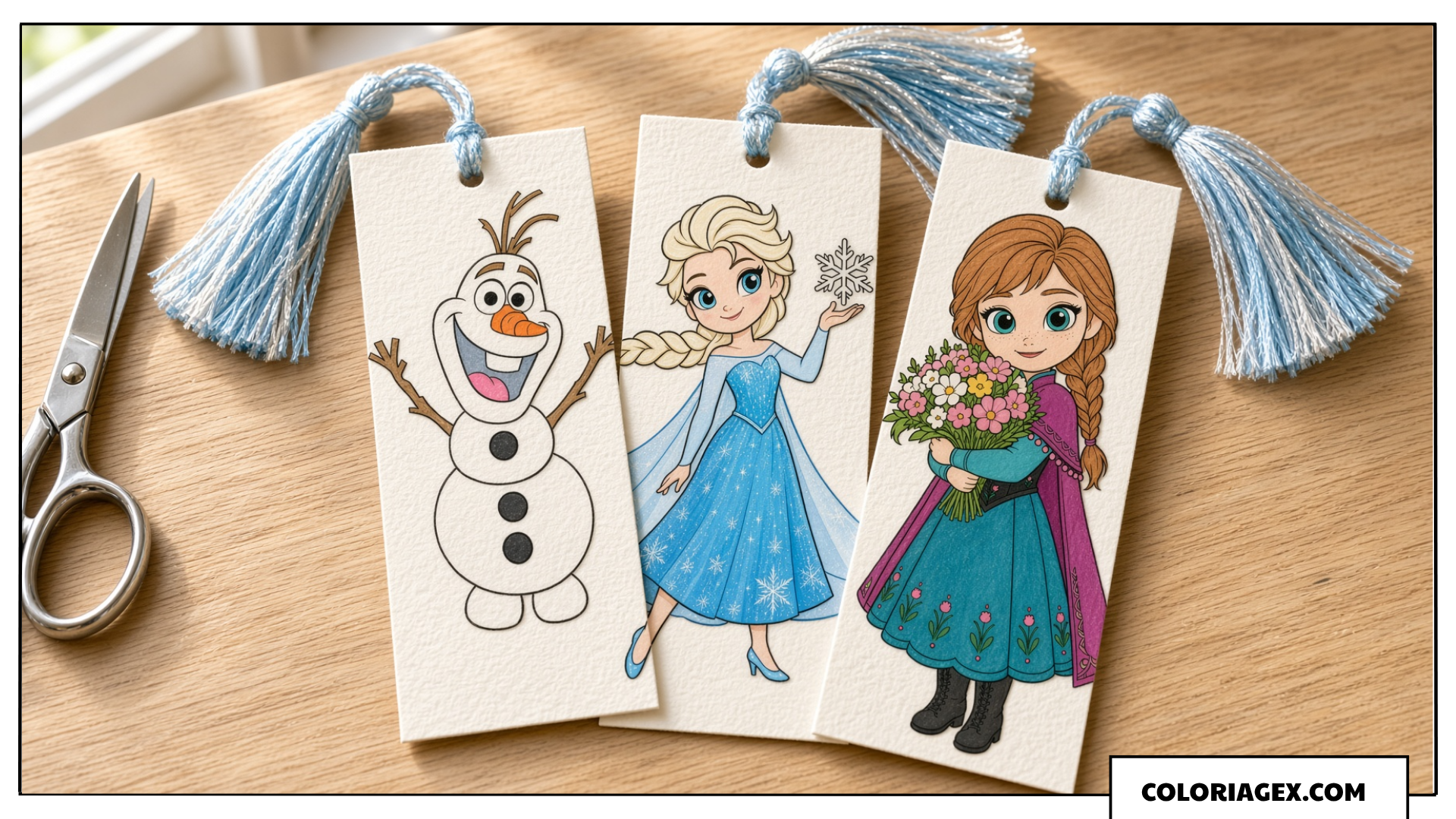 Marque-pages Reine des Neiges avec Olaf, Elsa et Anna Coloriés