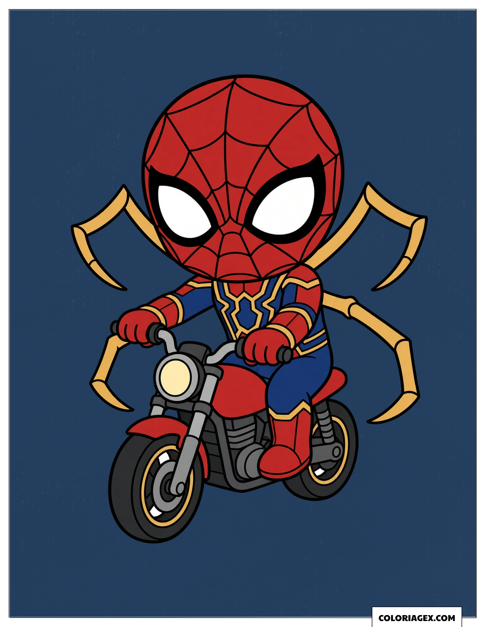 Coloriage magique Spider-Man Chibi sur une moto (1)