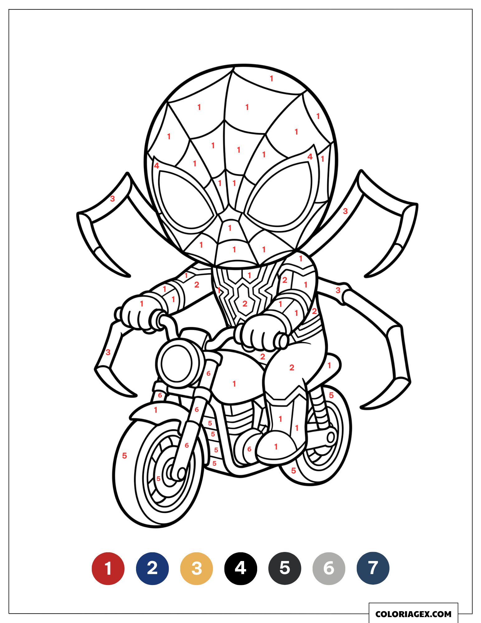 Coloriage magique Spider-Man Chibi sur une moto
