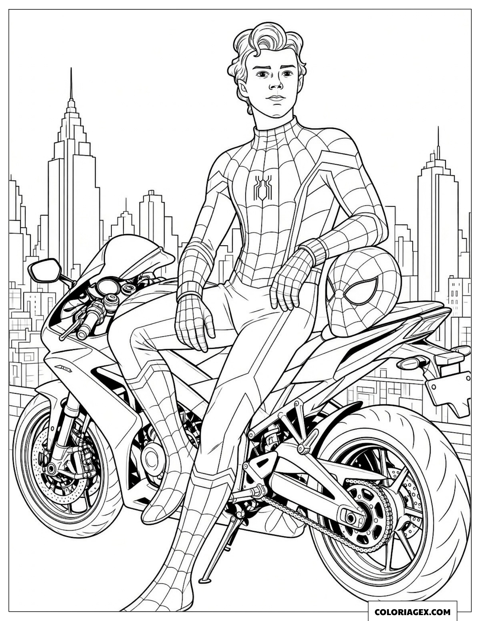 Coloriage Spider-Man assis près de sa moto sur un toit