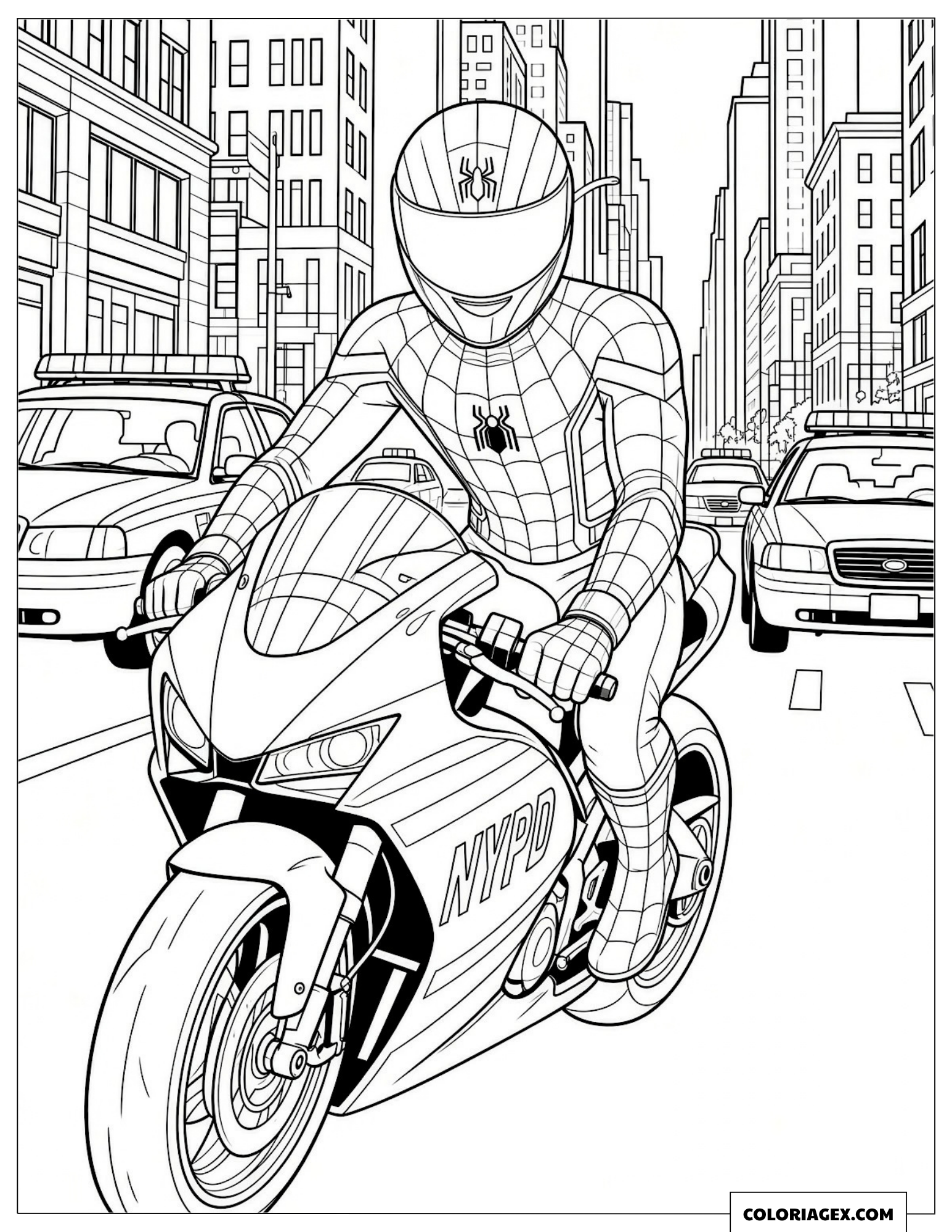 Coloriage Spider-Man et l'escorte de police en patrouille