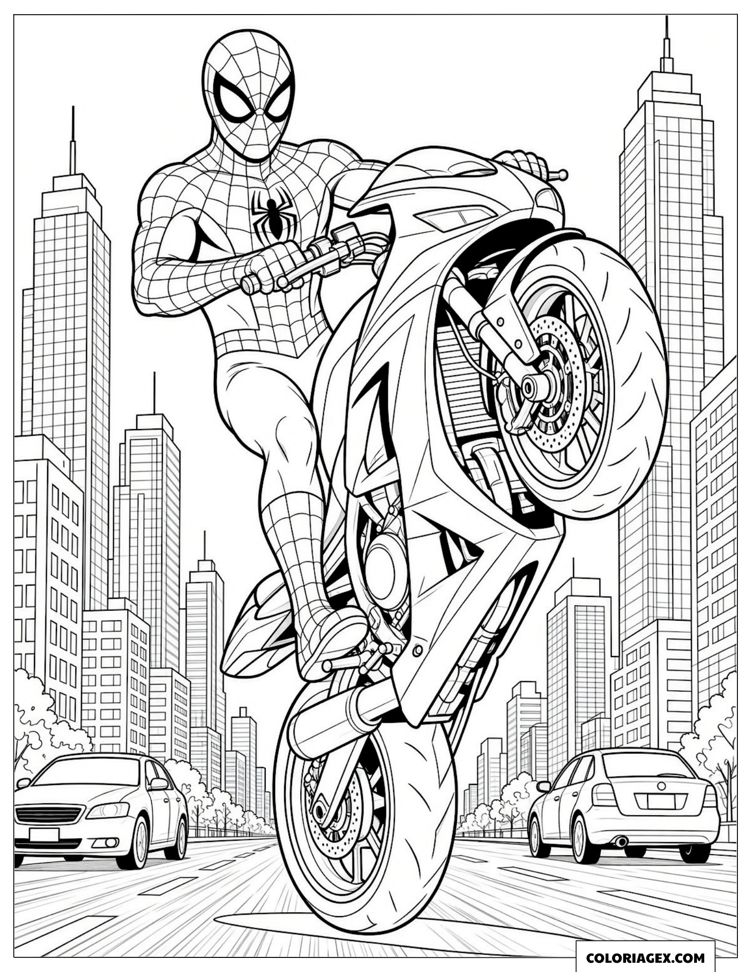 Coloriage Spider-Man faisant un wheeling en moto